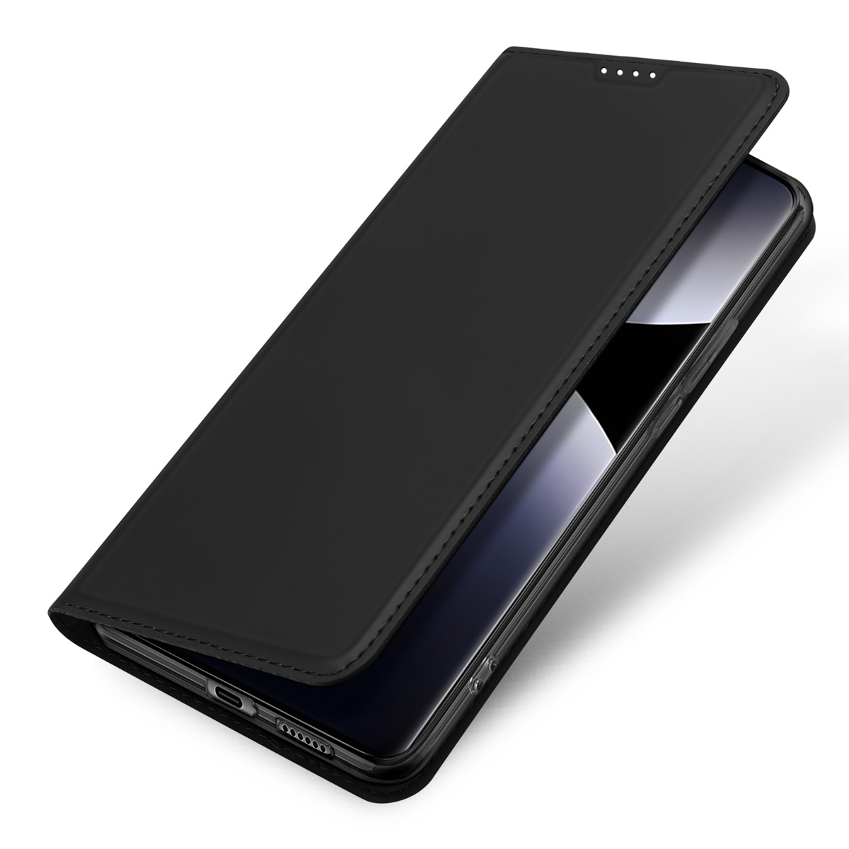 Ein schwarzes Leder-Klappcover ist teilweise geöffnet und zeigt ein Smartphone vor weißem Hintergrund.