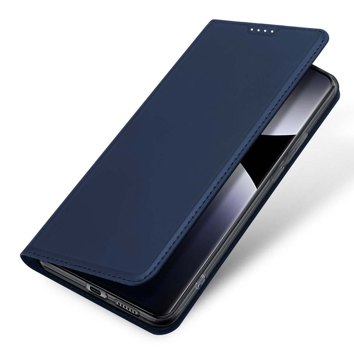 Dunkelblaue Klapphülle für ein Smartphone auf weißem Hintergrund.