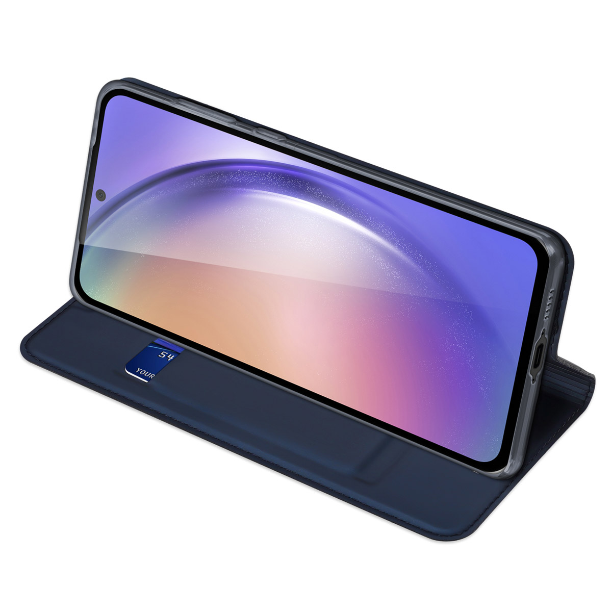 Ein Smartphone in einer dunkelblauen Ledertasche mit Kartenhalter auf dem Displayständer.