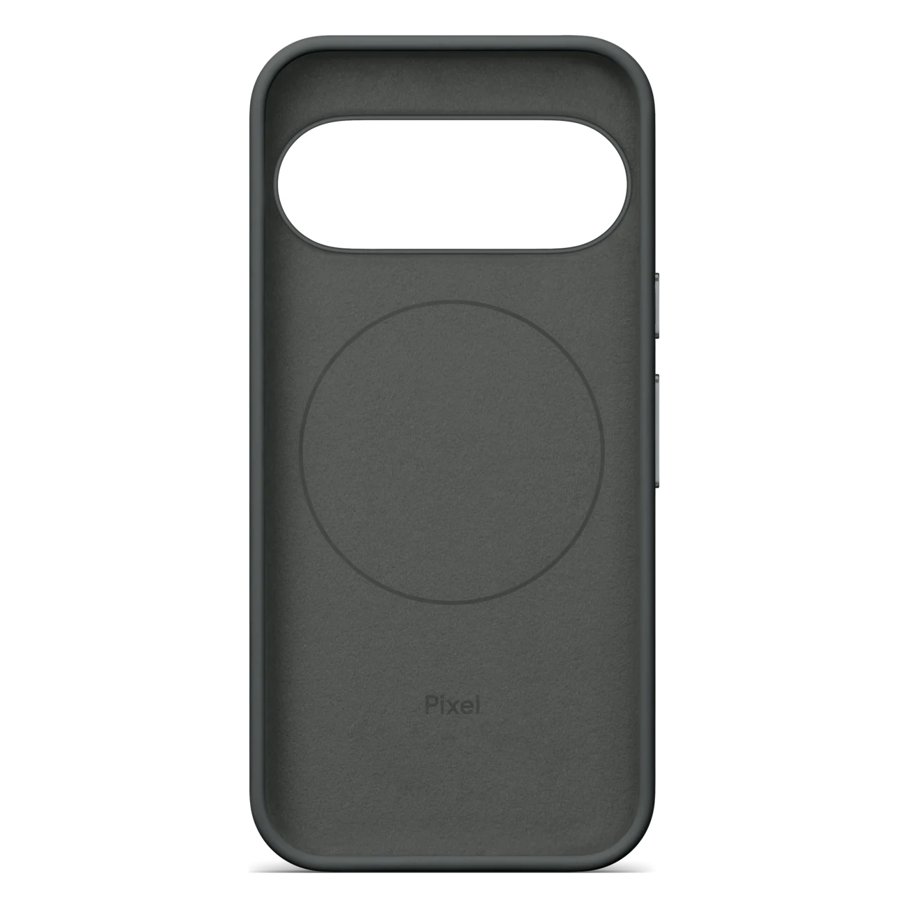 Vista interna di una custodia per telefono Pixel grigia con motivo circolare.