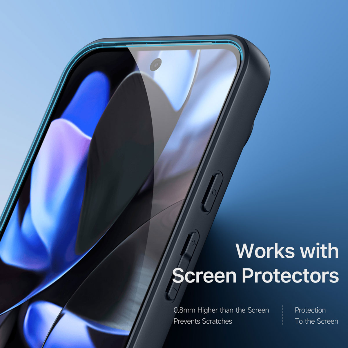 Smartphone in custodia scura con bordo rialzato per proteggere lo schermo su sfondo blu.