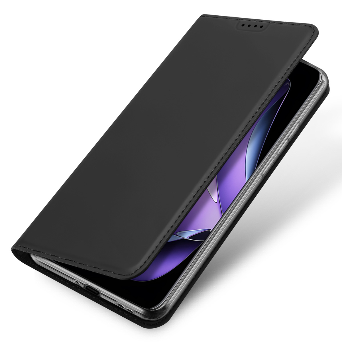 Ein Smartphone mit schwarzer Klapphülle zeigt einen bunten Bildschirm.
