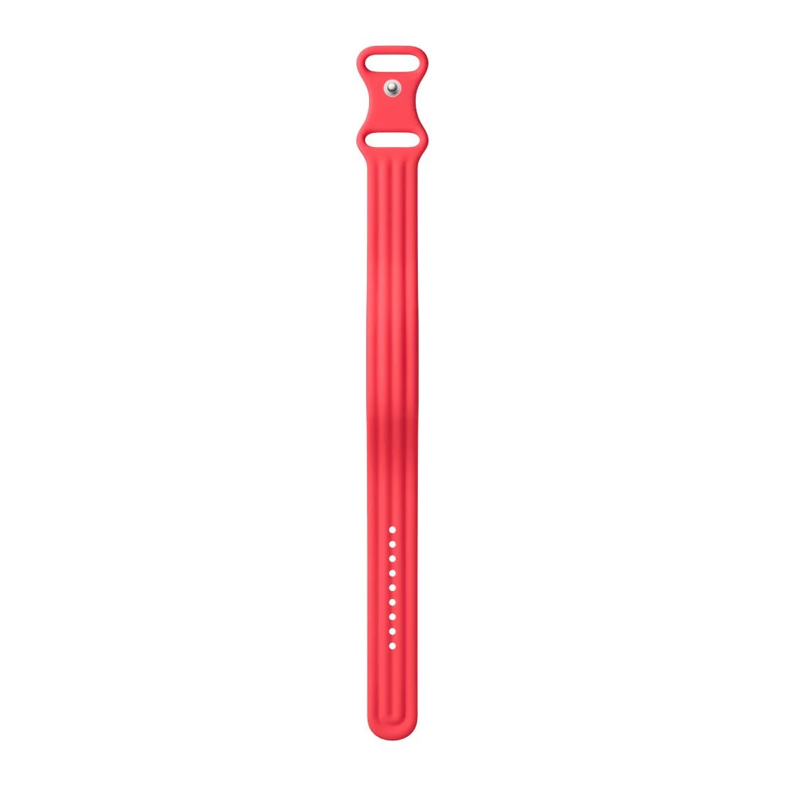 Ein langes, rotes Silikon-Uhrenarmband mit vertikalen Rillen und Verschlusslöchern vor weißem Hintergrund.