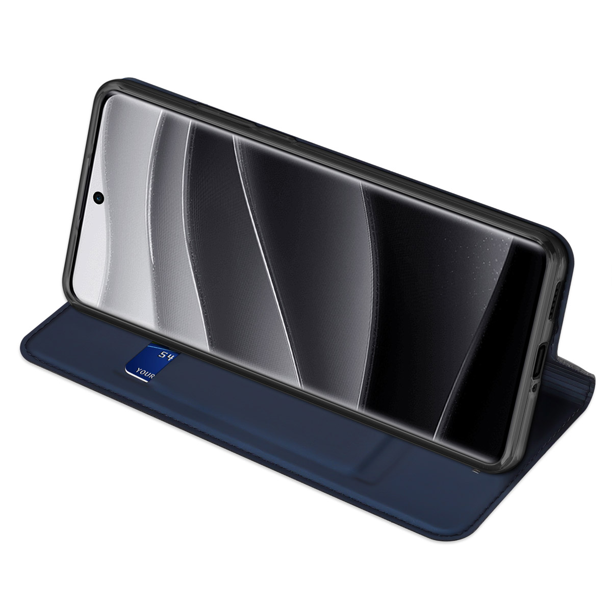 Ein dunkelblauer Leder-Brieftaschen-Etui mit einem Smartphone mit schwarz-weißem abstrakten Hintergrund auf weißem Grund.