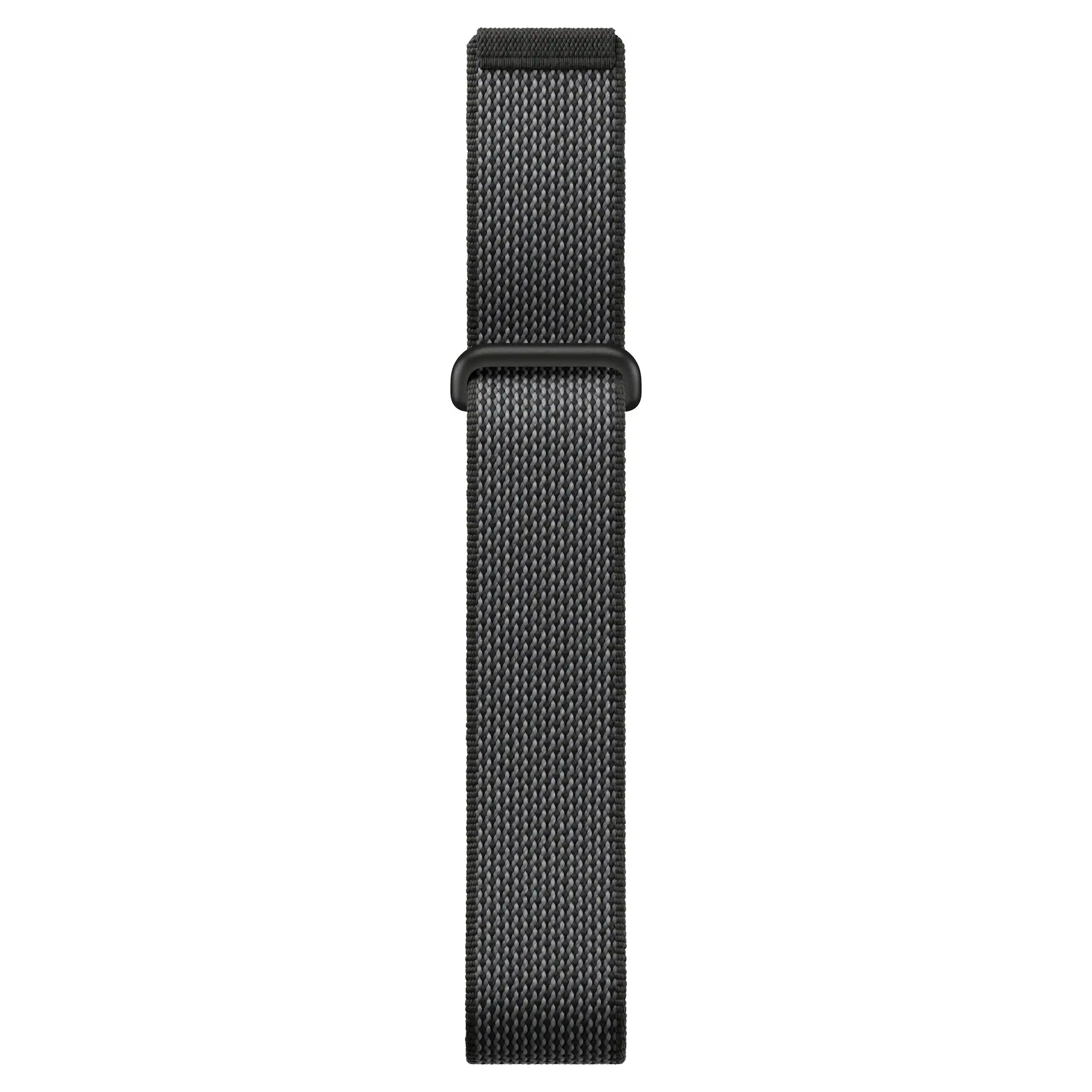 Ein graues gewobenes Uhrenarmband mit einer schwarzen Metallschnalle auf weißem Hintergrund.