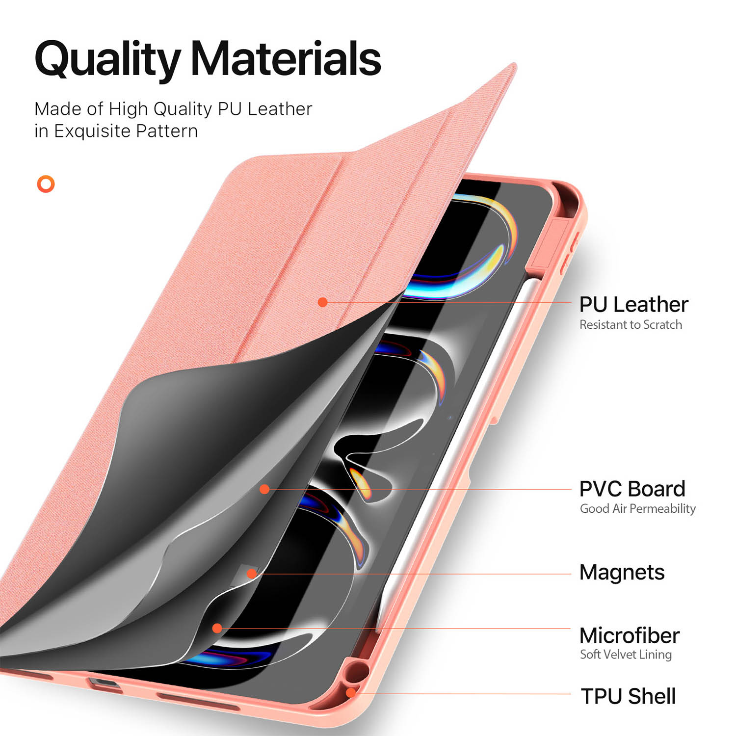 Rosa Tablet-Schutzhülle mit PU-Leder, PVC-Platte, Magneten, Mikrofaserfutter und TPU-Schale.