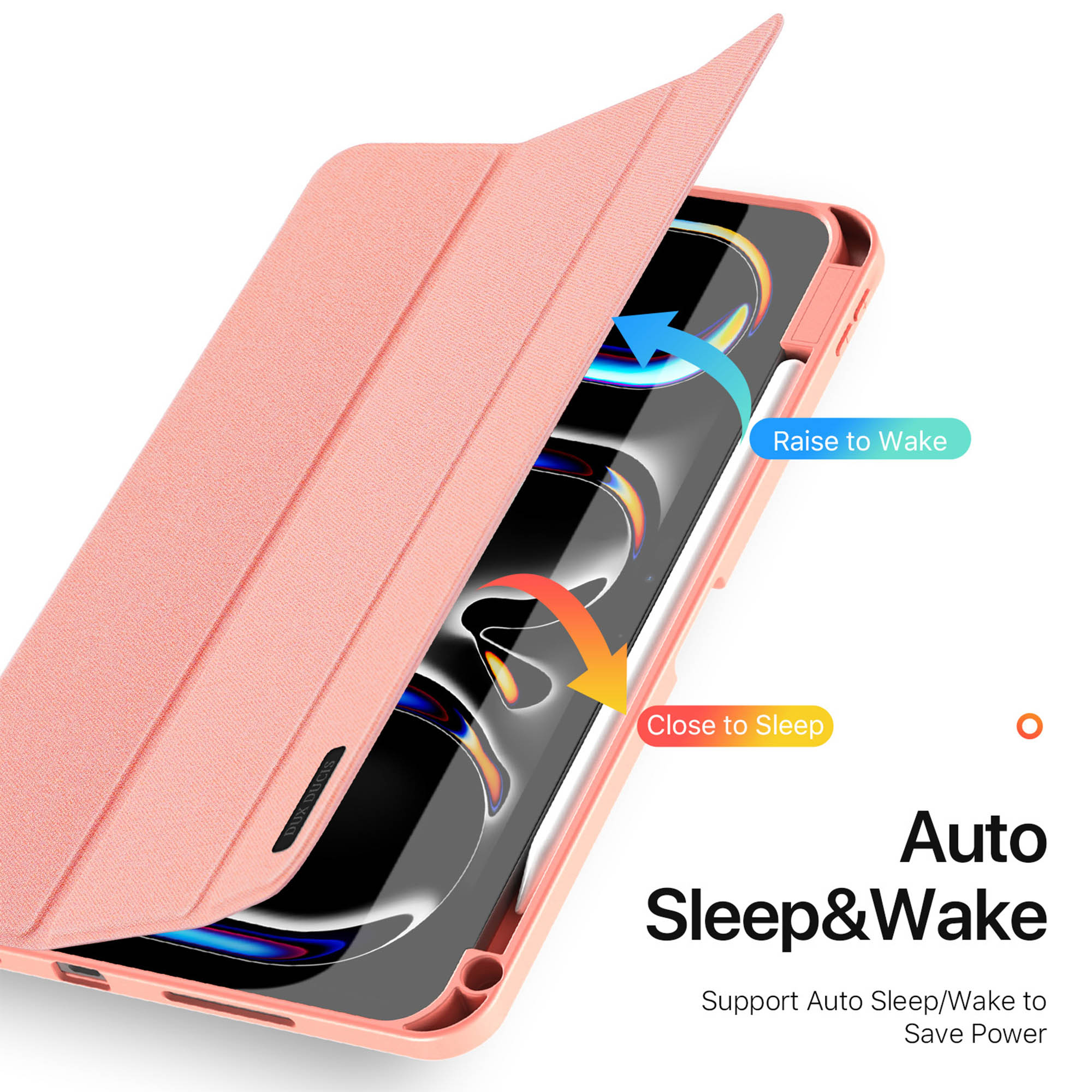Rosa Tablet-Hülle zeigt Auto-Sleep- und Wake-Funktion mit Pfeilen und Text.