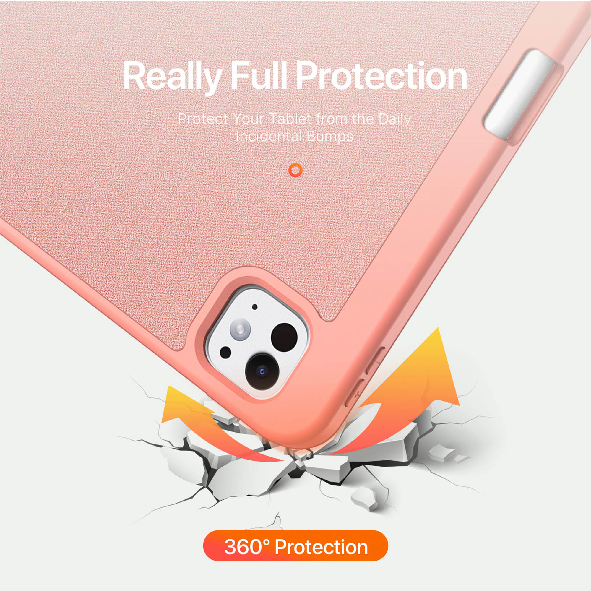 Rosa Tablet-Hülle mit Kameraschutz schützt vor Stößen; Text lautet Really Full Protection und 360° Protection.