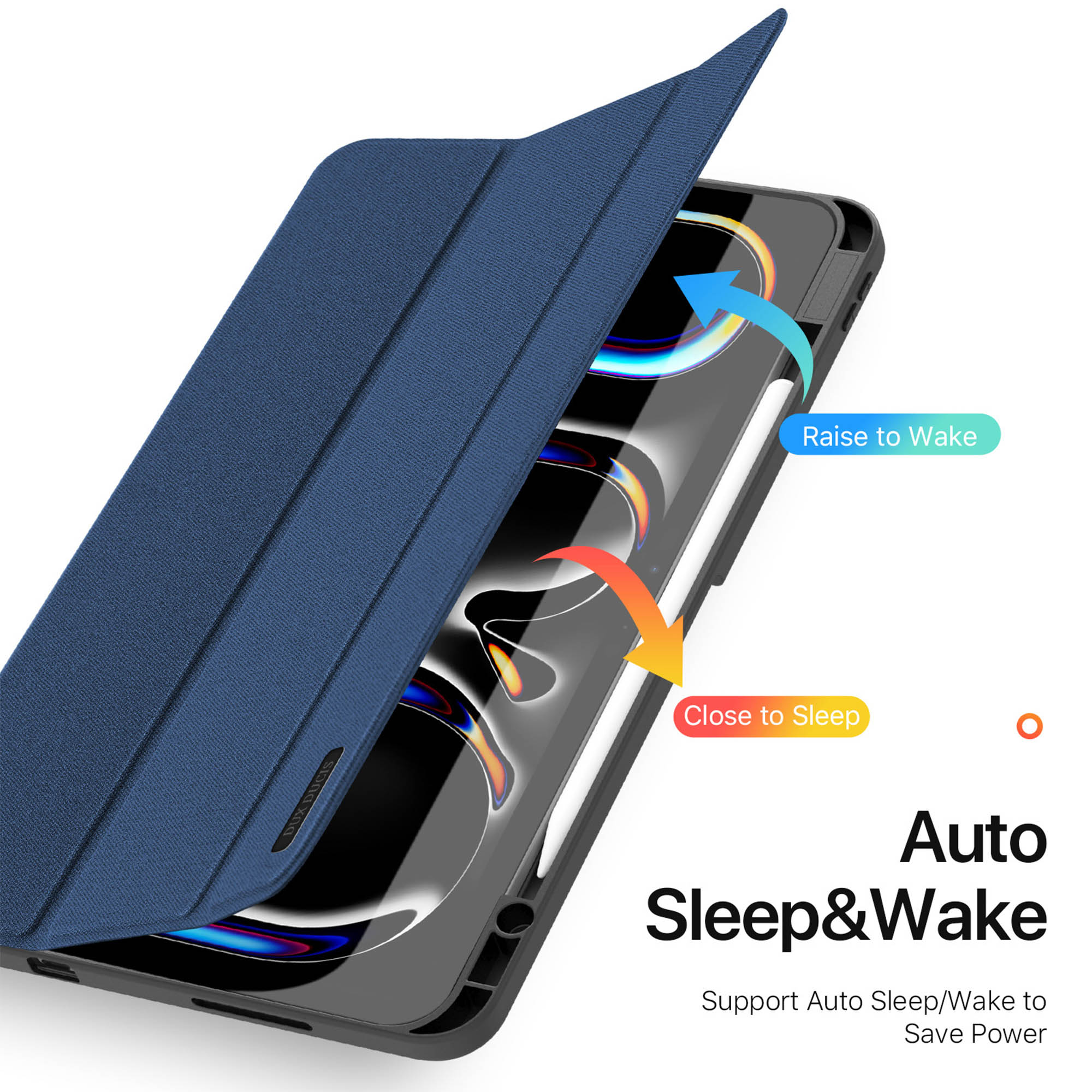 Blaue Tablet-Hülle mit Auto-Sleep- und Wake-Funktion.
