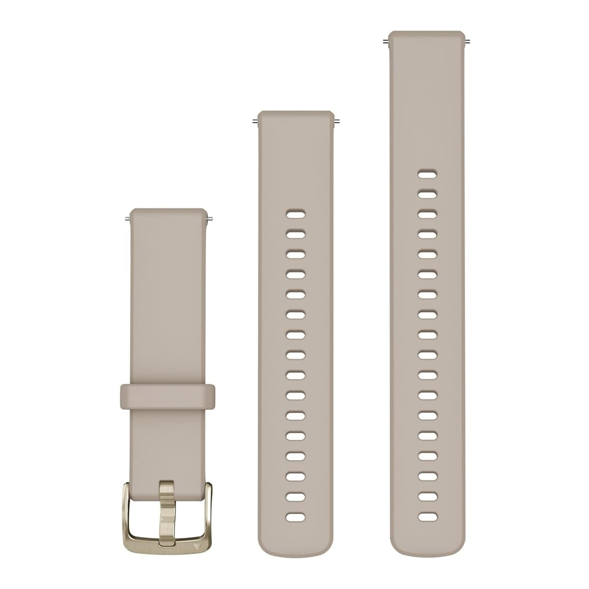 Drei beige Uhrenarmbänder mit silbernen Schnallen und vielen Löchern vor weißem Hintergrund.
