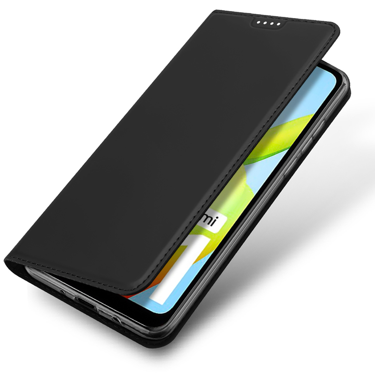Ein Smartphone in einer offenen, schwarzen Klapphülle mit einem bunten Hintergrund auf dem Display.