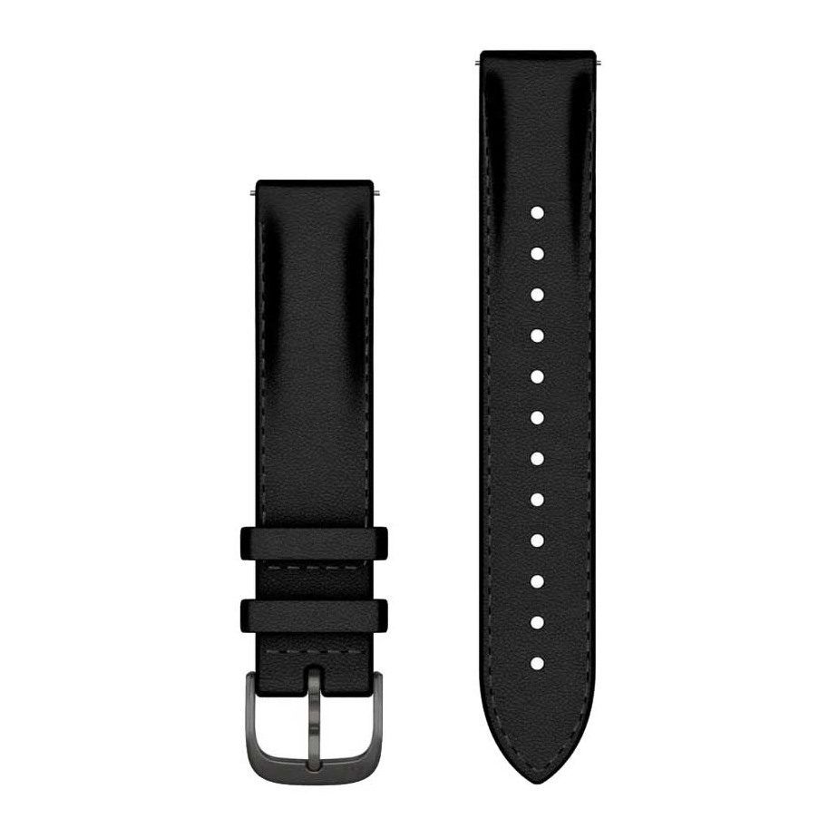 Ein schwarzes Lederuhrarmband mit Schnalle und Löchern.