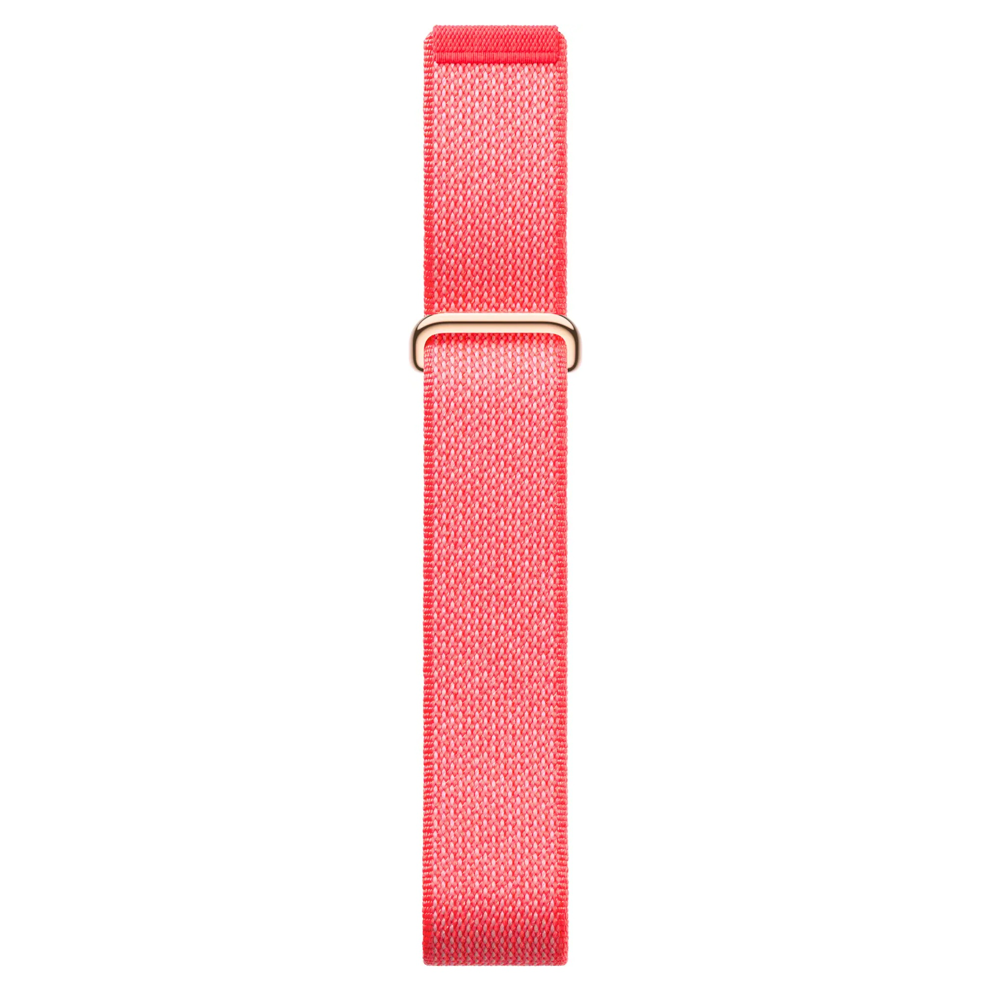 Una correa de reloj tejida de color rosa vibrante con una hebilla de oro rosa, sobre fondo blanco.