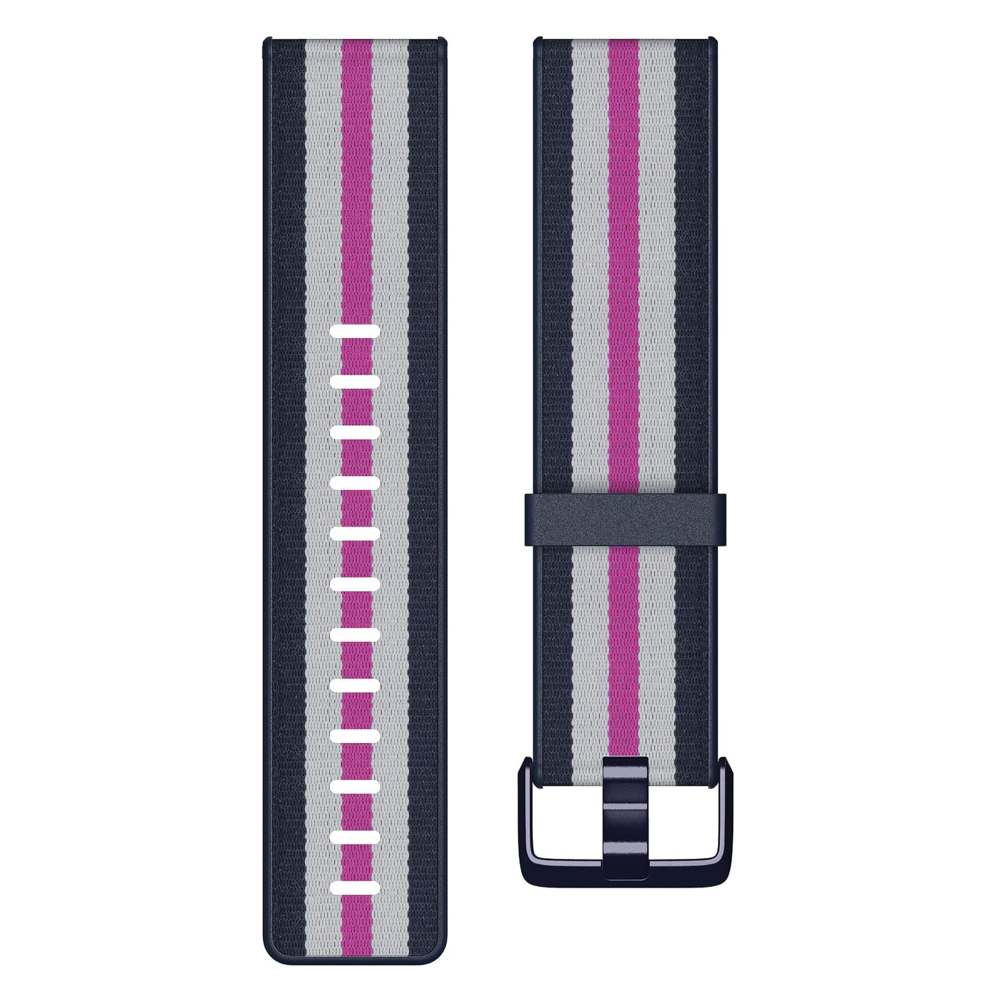 Ein Uhrenarmband aus Stoff mit senkrechten Streifen in Marineblau, Hellgrau und Pink sowie einer dunklen Schließe.