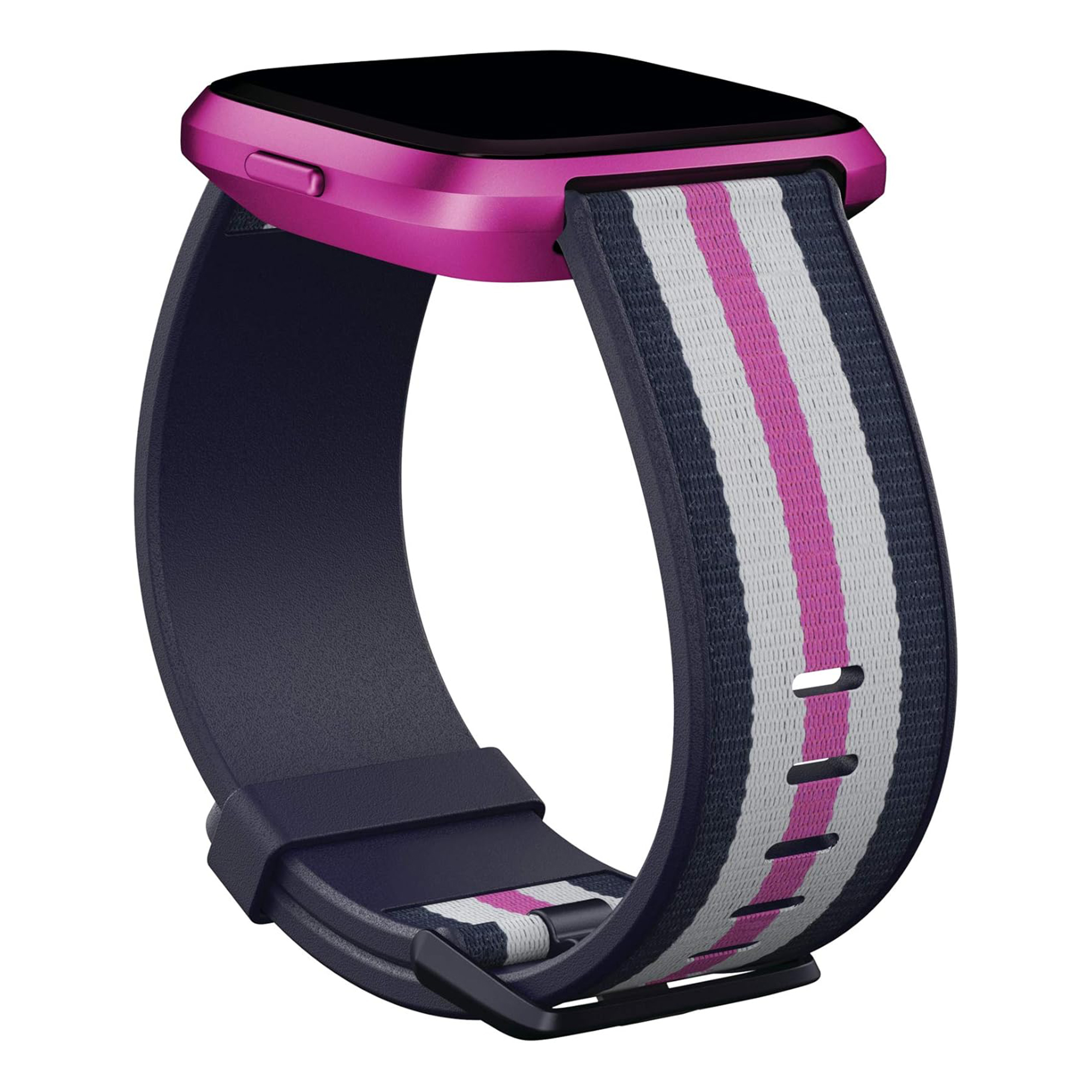 Eine pinke Smartwatch mit schwarzem Display und einem grauen, pink und dunkelblauen Streifenarmband vor weißem Hintergrund.
