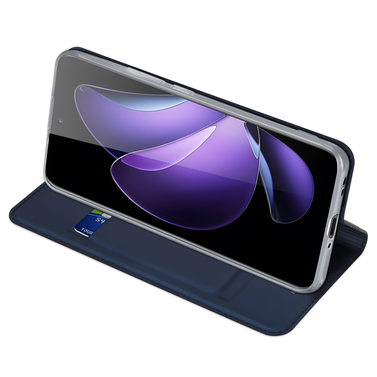 Ein Smartphone in einer dunkelblauen Leder-Klapphülle mit einem violetten abstrakten Hintergrundbild.