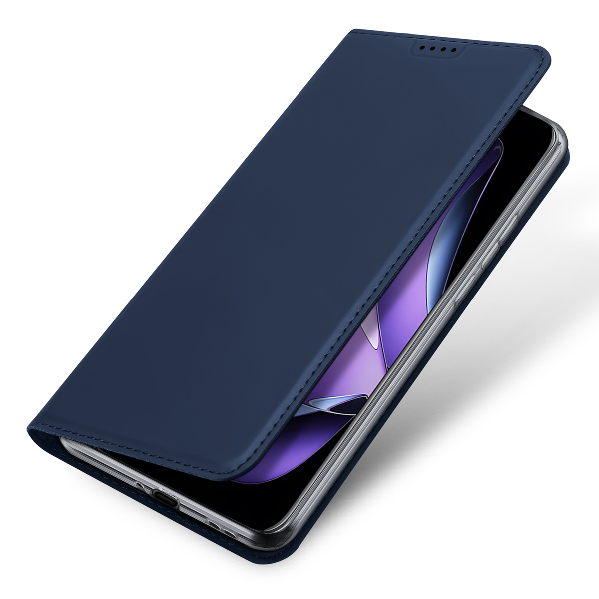 Ein Smartphone mit blauer Lederklapphülle und violettem Bildschirm auf weißem Hintergrund.