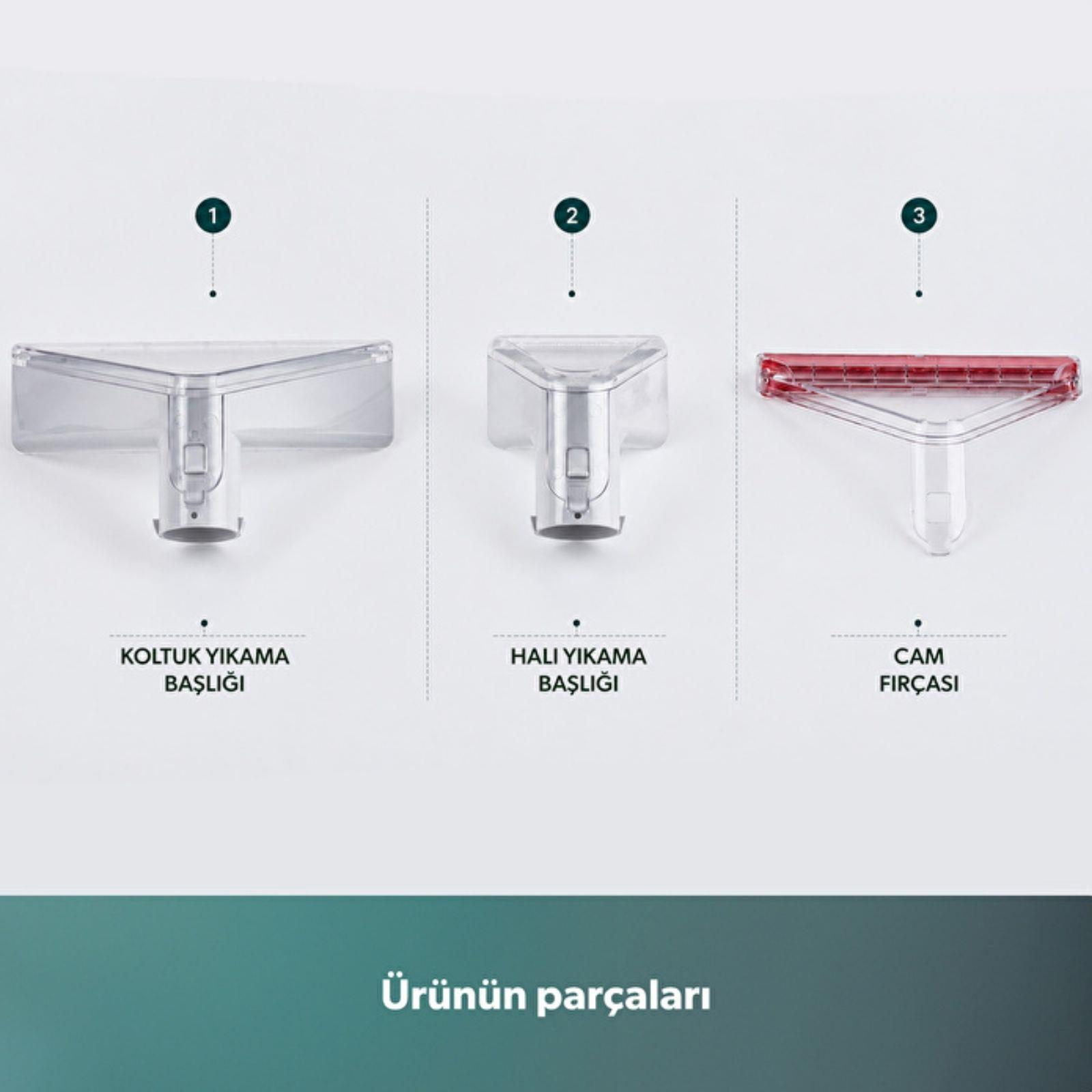 Beyaz zemin üzerinde numaralandırılmış üç süpürge başlığı, altında yazılar ve başlık.