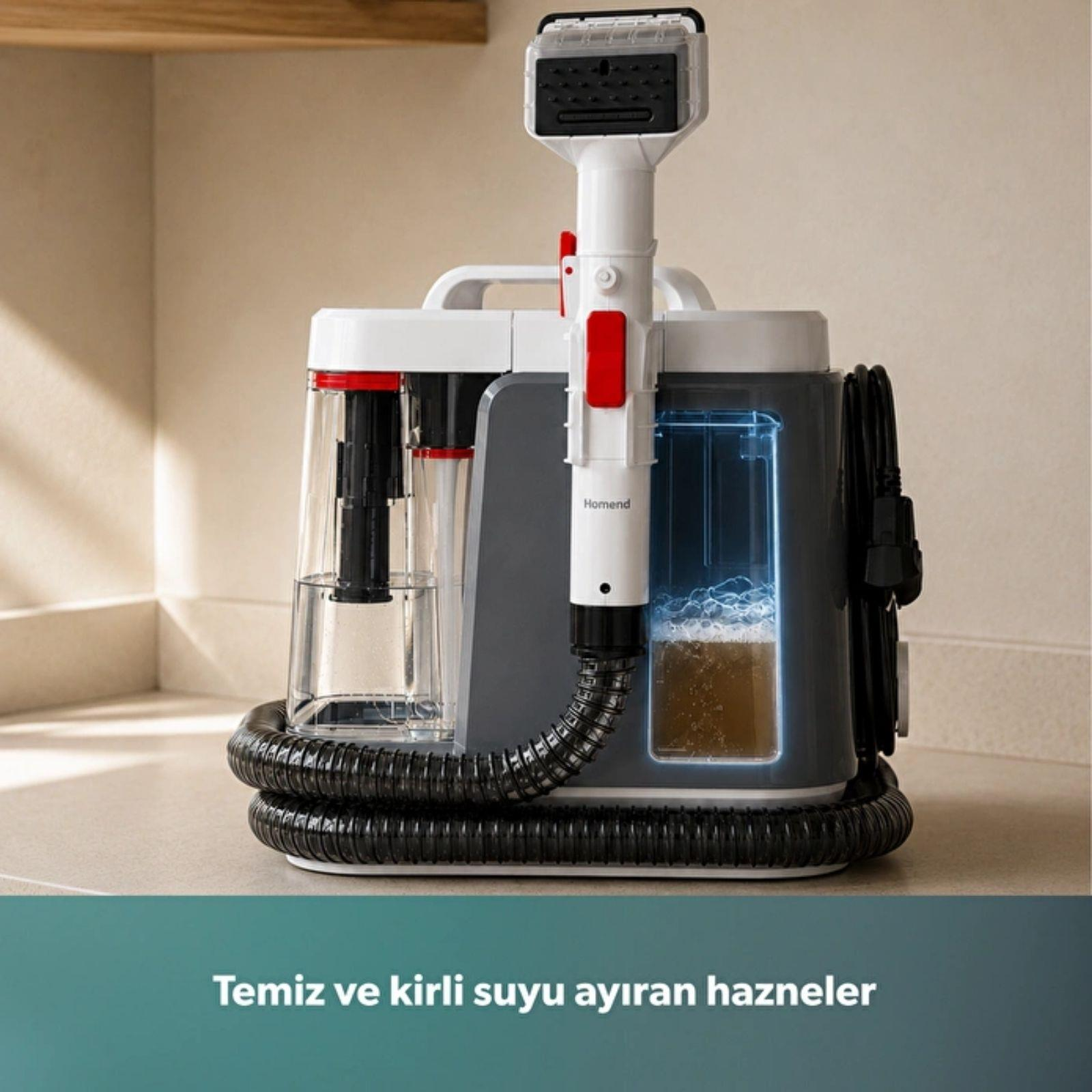 Tezgah üstünde ayrı su haznelerine sahip beyaz ve gri halı yıkama makinesi.