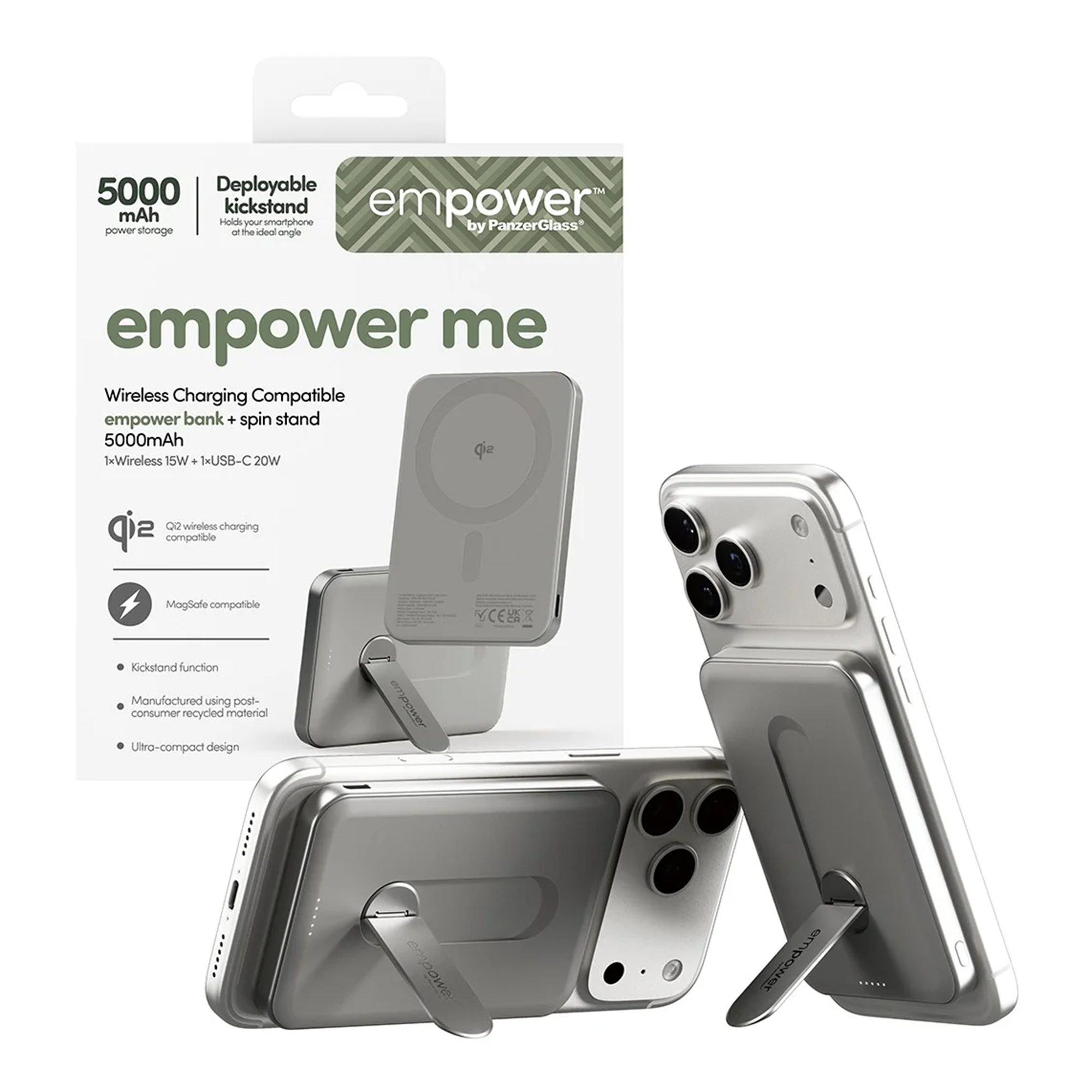 Ürün ambalajı ve iki akıllı telefona takılı ayaklı gümüş powerbank şarj cihazı.