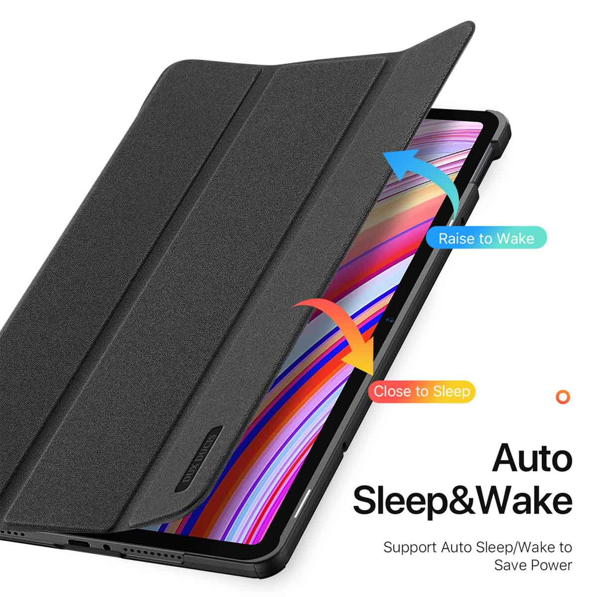 Eine schwarze Tablet-Hülle zeigt die Auto-Sleep- und Wake-Funktion mit Pfeilen.