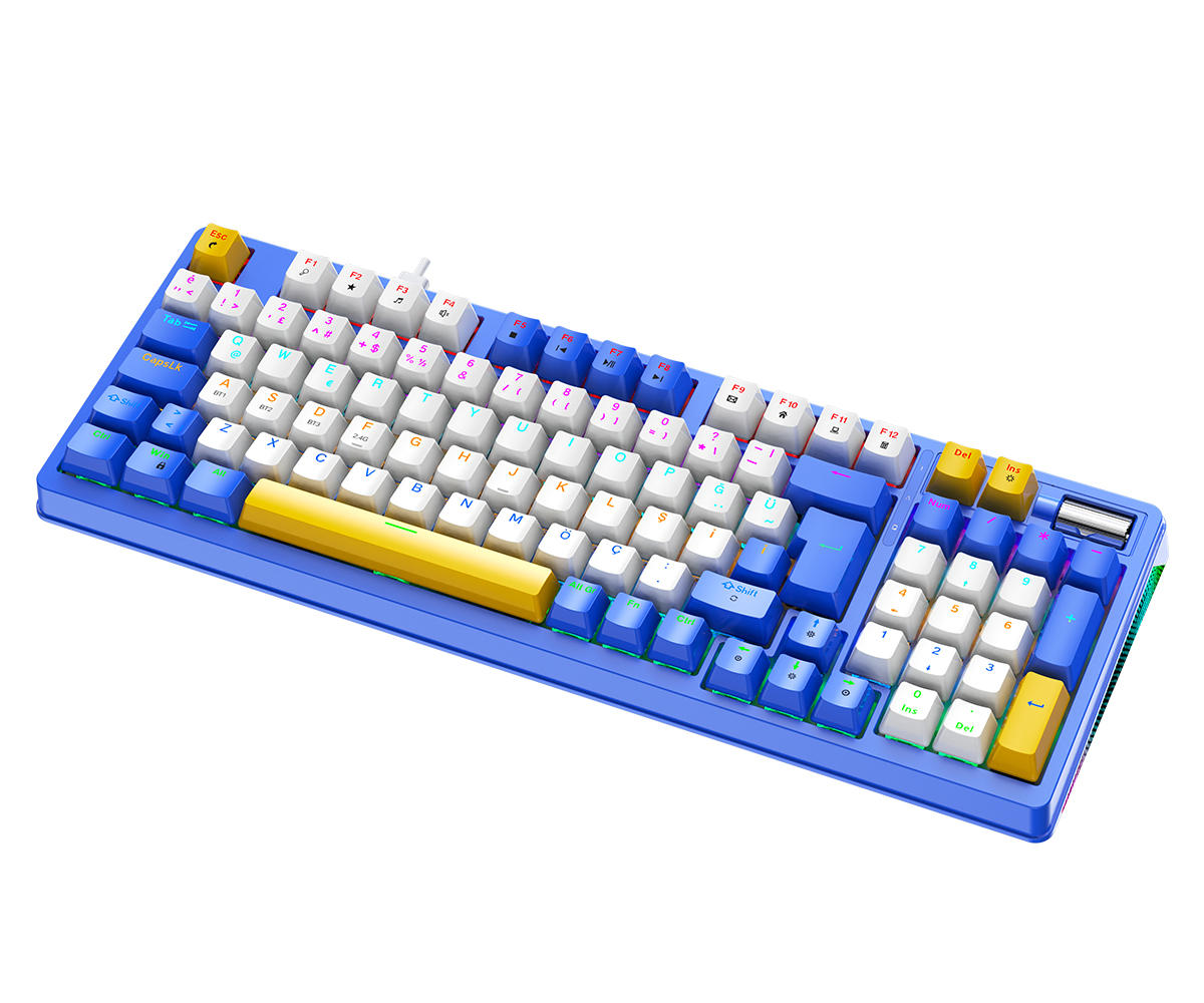 Mavi, beyaz ve sarı tuşlara, sayı tuş takımına ve ses tekerleğine sahip renkli bir mekanik klavye.