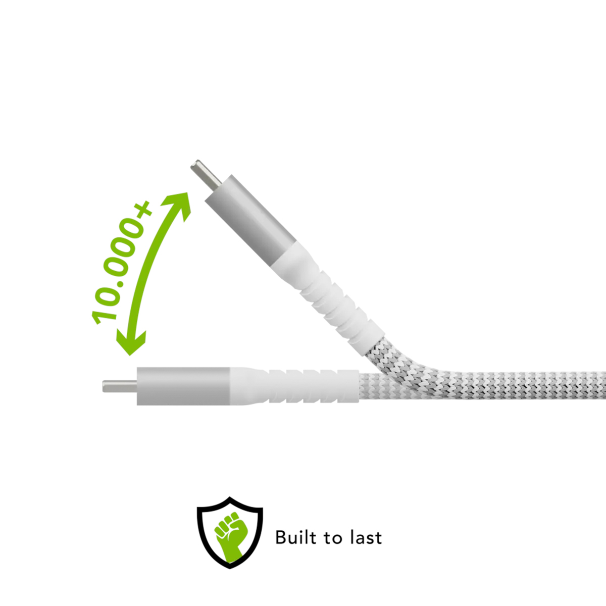 Biały pleciony kabel USB-C pokazuje elastyczność z zielonym wskaźnikiem 10 000+ zgięć i ikoną tarczy.