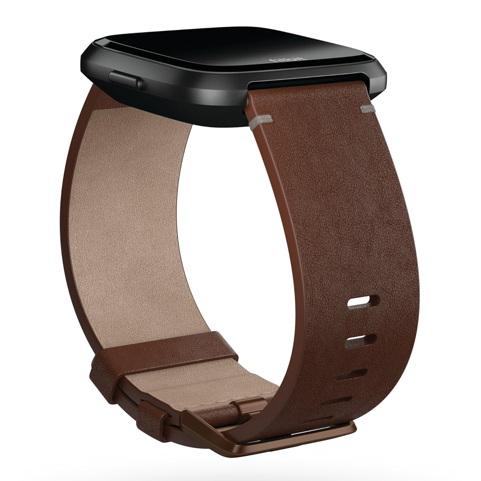 Schwarze Smartwatch mit einem braunen Lederarmband auf weißem Hintergrund.
