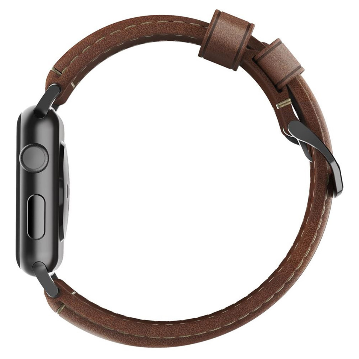Czarny smartwatch z brązowym skórzanym paskiem i białym przeszyciem na białym tle.