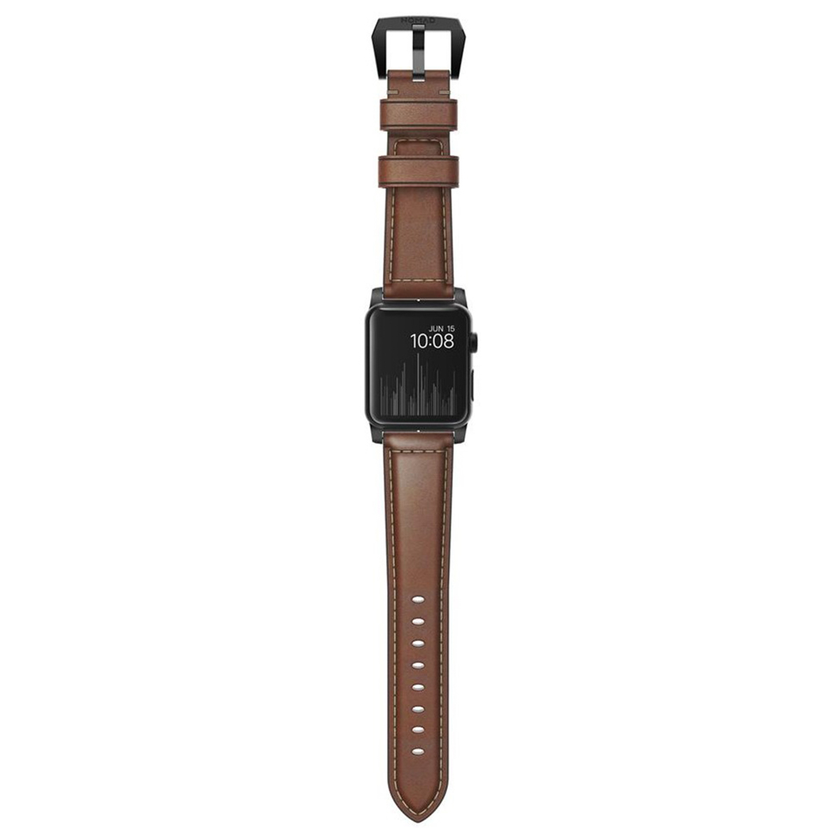 Smartwatch z brązowym skórzanym paskiem i czarną kopertą na białym tle.