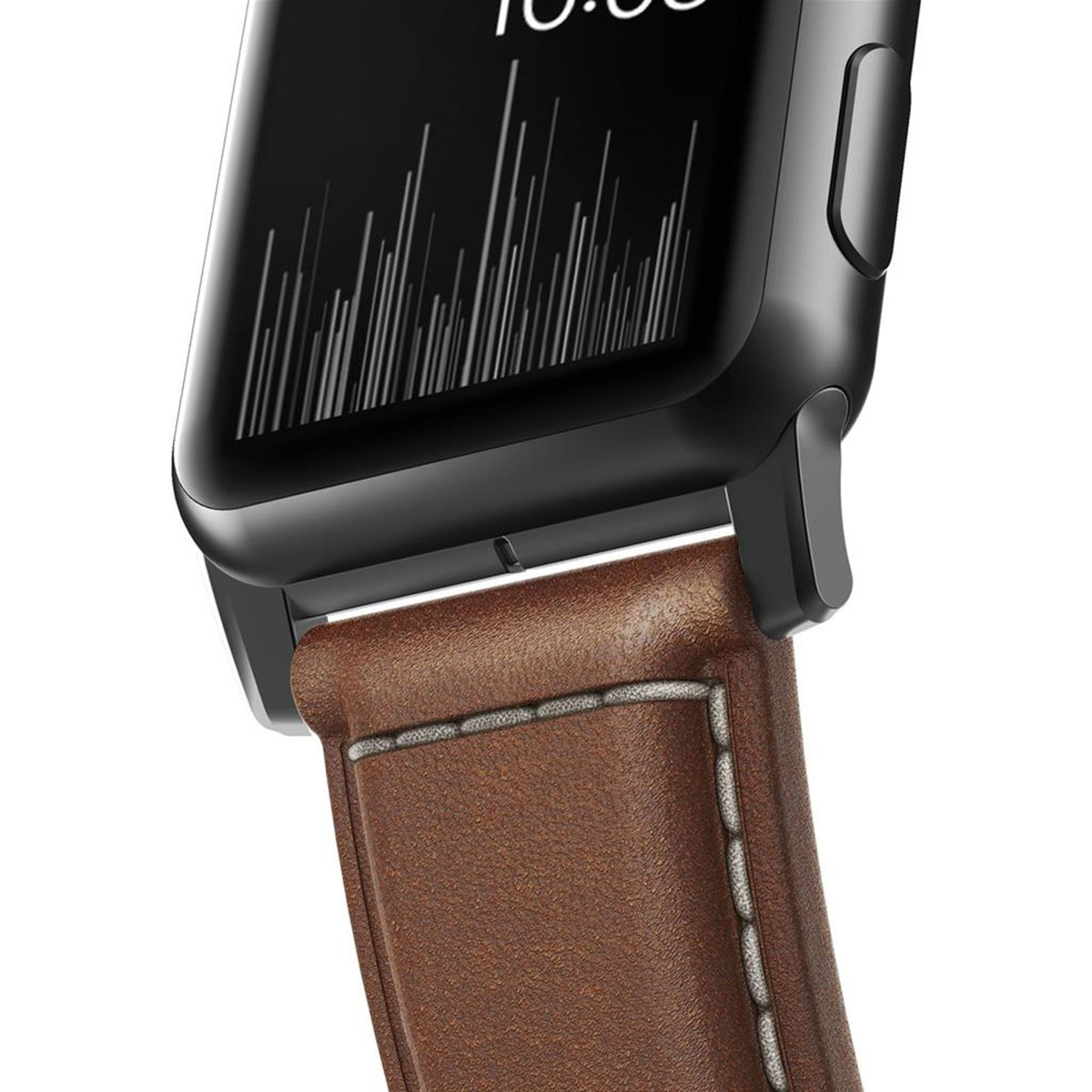 Czarny smartwatch z brązowym skórzanym paskiem i białym przeszyciem na białym tle.