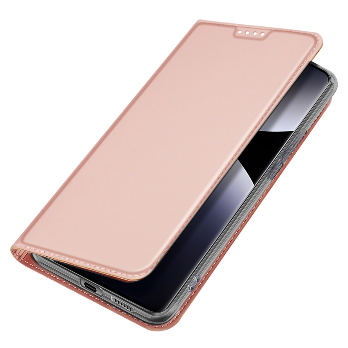 Ein Smartphone mit einer geöffneten, rosa Klapphülle vor weißem Hintergrund.