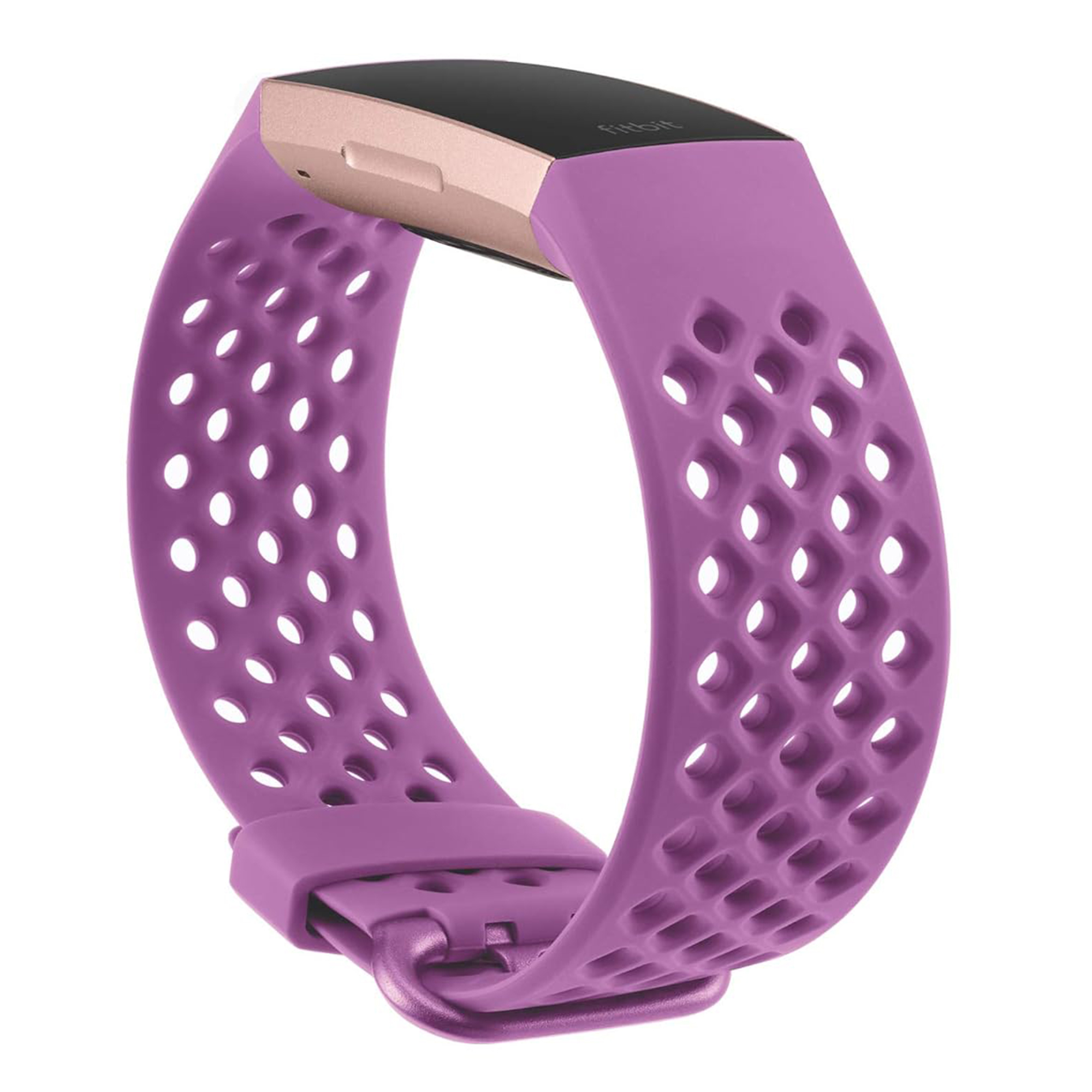 Lila Fitnessarmband mit durchgehendem Lochmuster, roségoldener Gehäuserinfassung und schwarzem Display auf weißem Hintergrund.