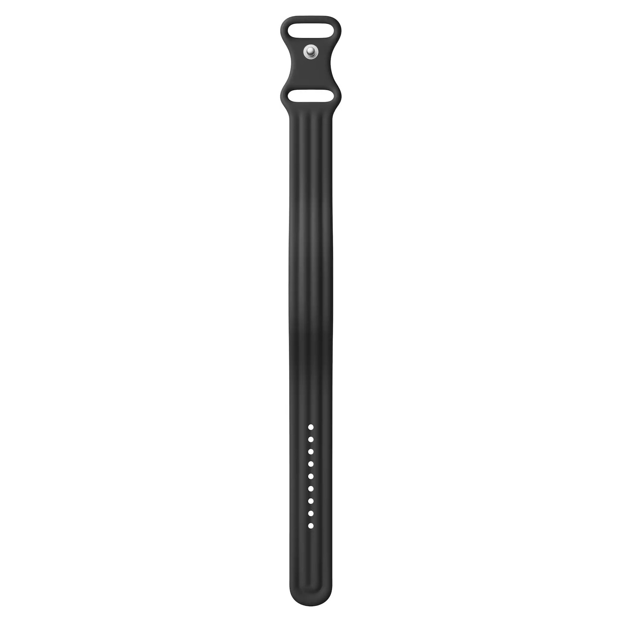 Una correa de reloj deportiva de silicona negra con un botón metálico y agujeros sobre fondo blanco.