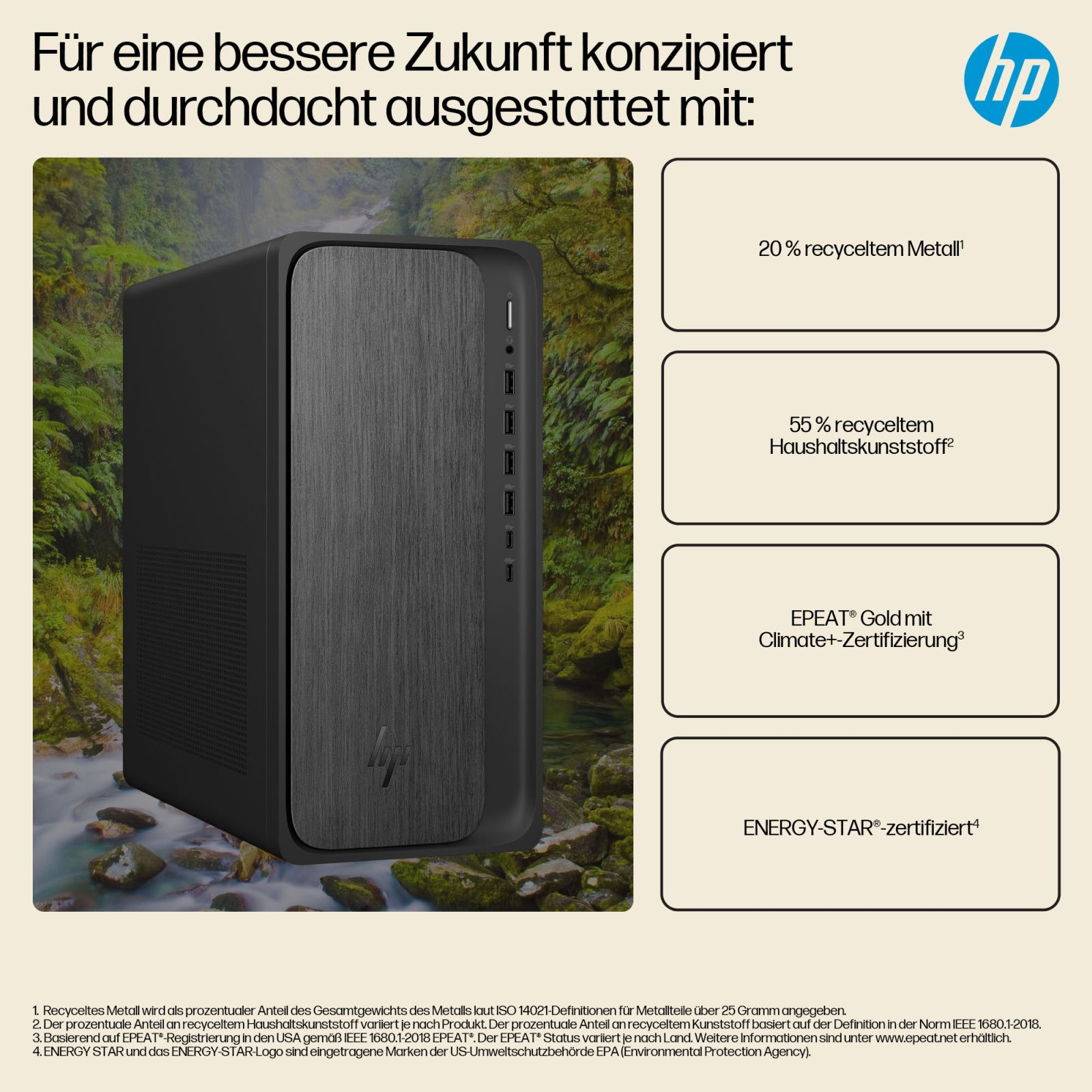 HP PC vor grünem Hintergrund mit Infos zu recycelten Materialien.