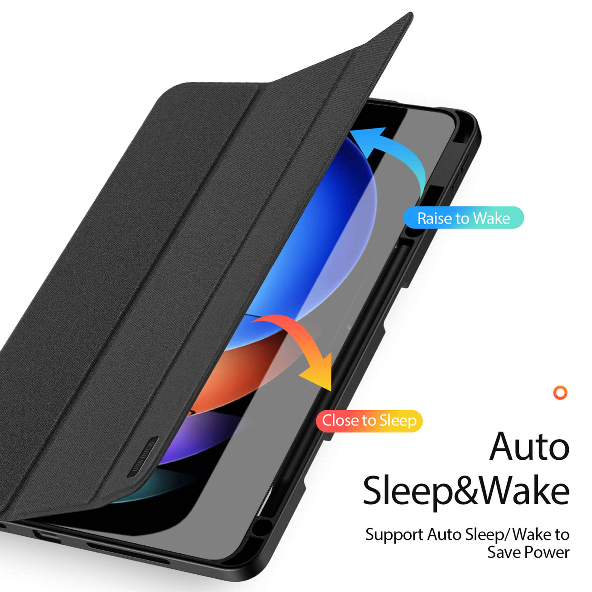 Eine schwarze Tablettenhülle mit sich öffnendem Deckel zeigt Auto-Sleep- und Wake-Funktionen auf einem Bildschirm.