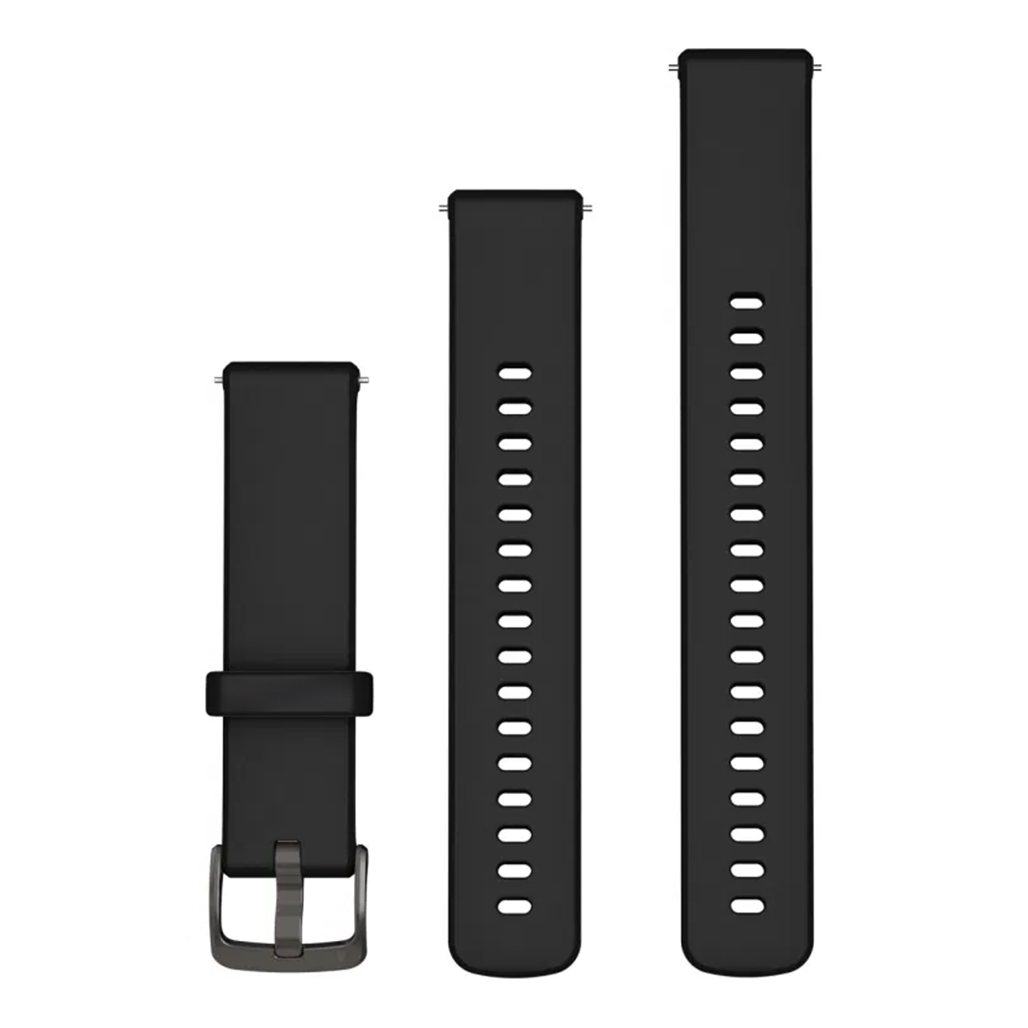 Drei schwarze Silikon-Uhrenarmbänder mit Dornschließe in verschiedenen Längen auf weißem Hintergrund.