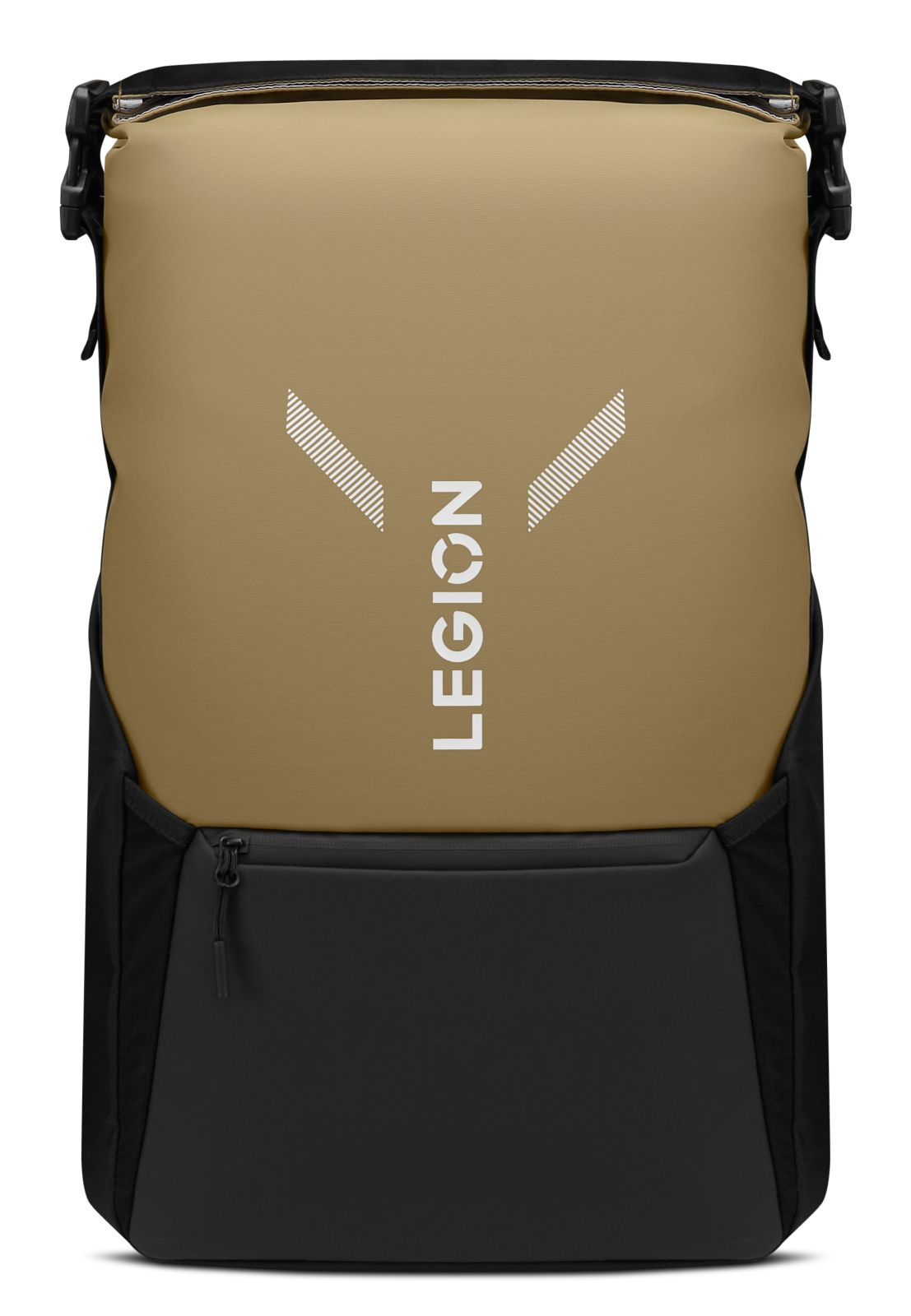 Ein olivgrüner und schwarzer Legion-Rucksack mit weißem Logo und Reißverschlusstasche.