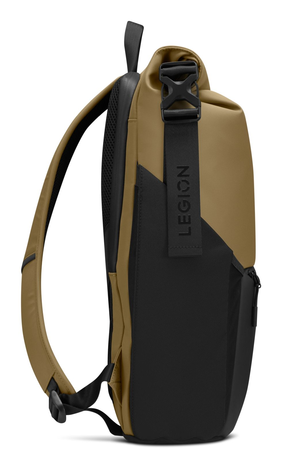Seitenansicht eines khaki- und schwarzen Lenovo Legion Rucksack mit Schultergurt und schwarzem Schnallenverschluss.
