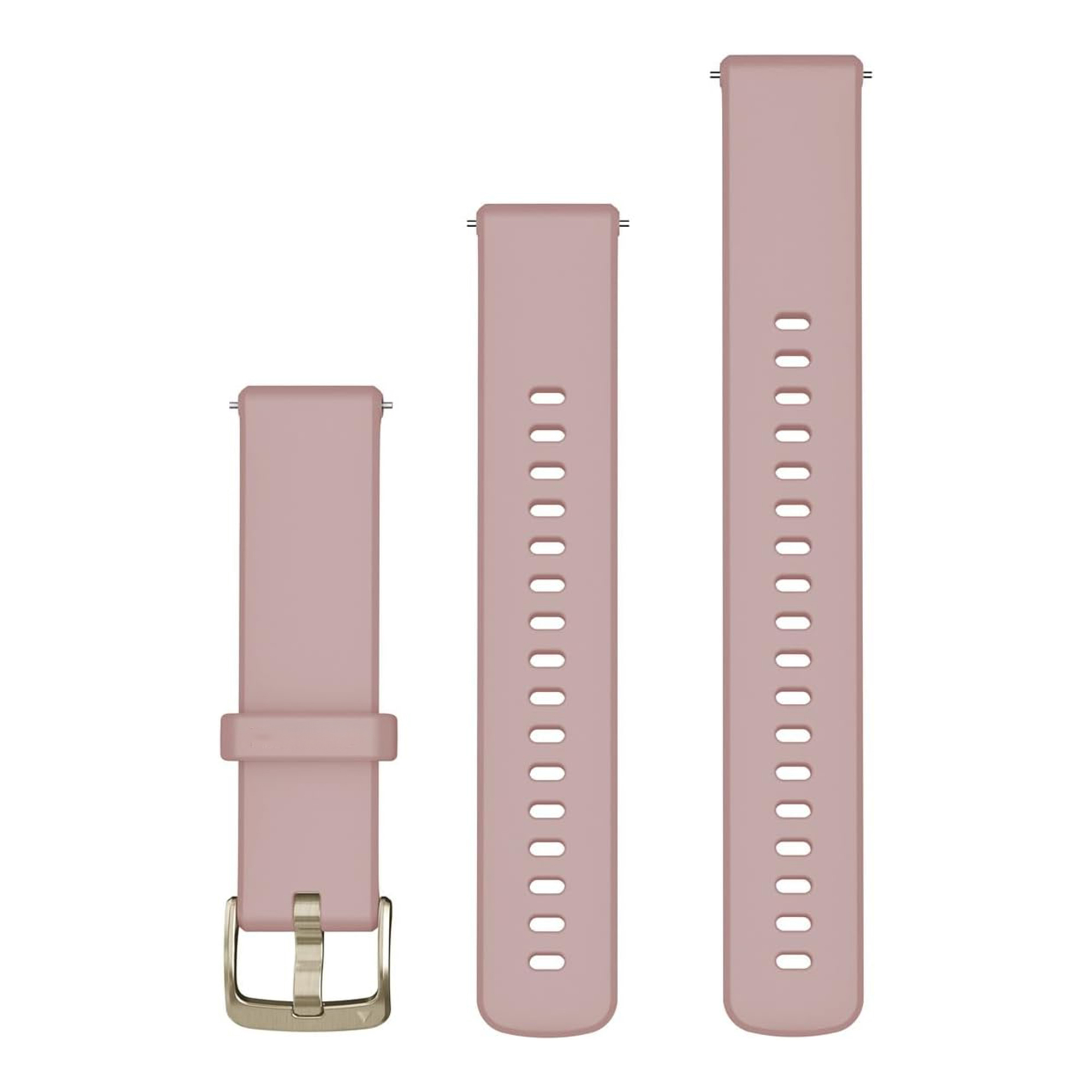 Tre cinturini per orologio in silicone rosa di diverse lunghezze con fibbia in metallo su fondo bianco.