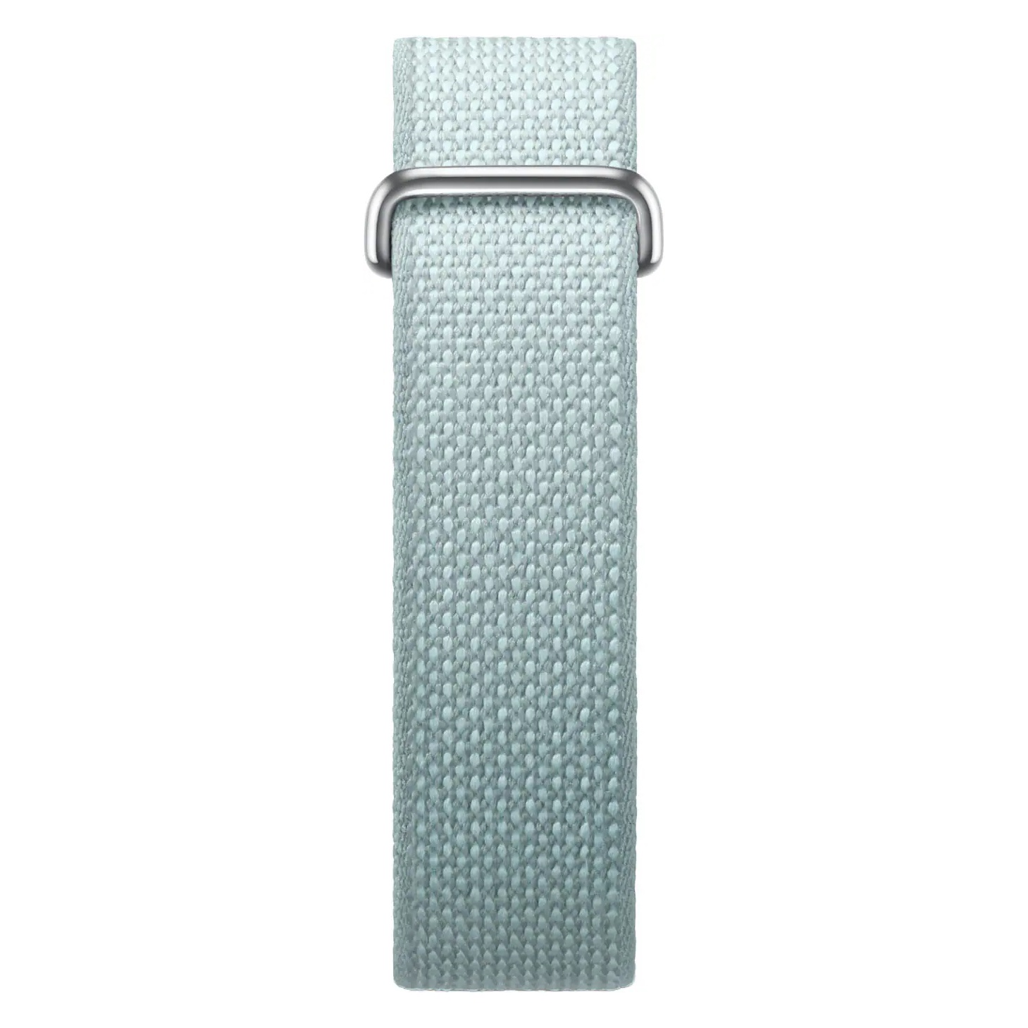 Ein hellblaues gewebtes Uhrenarmband mit silberner Metallschnalle vor klarem Hintergrund.