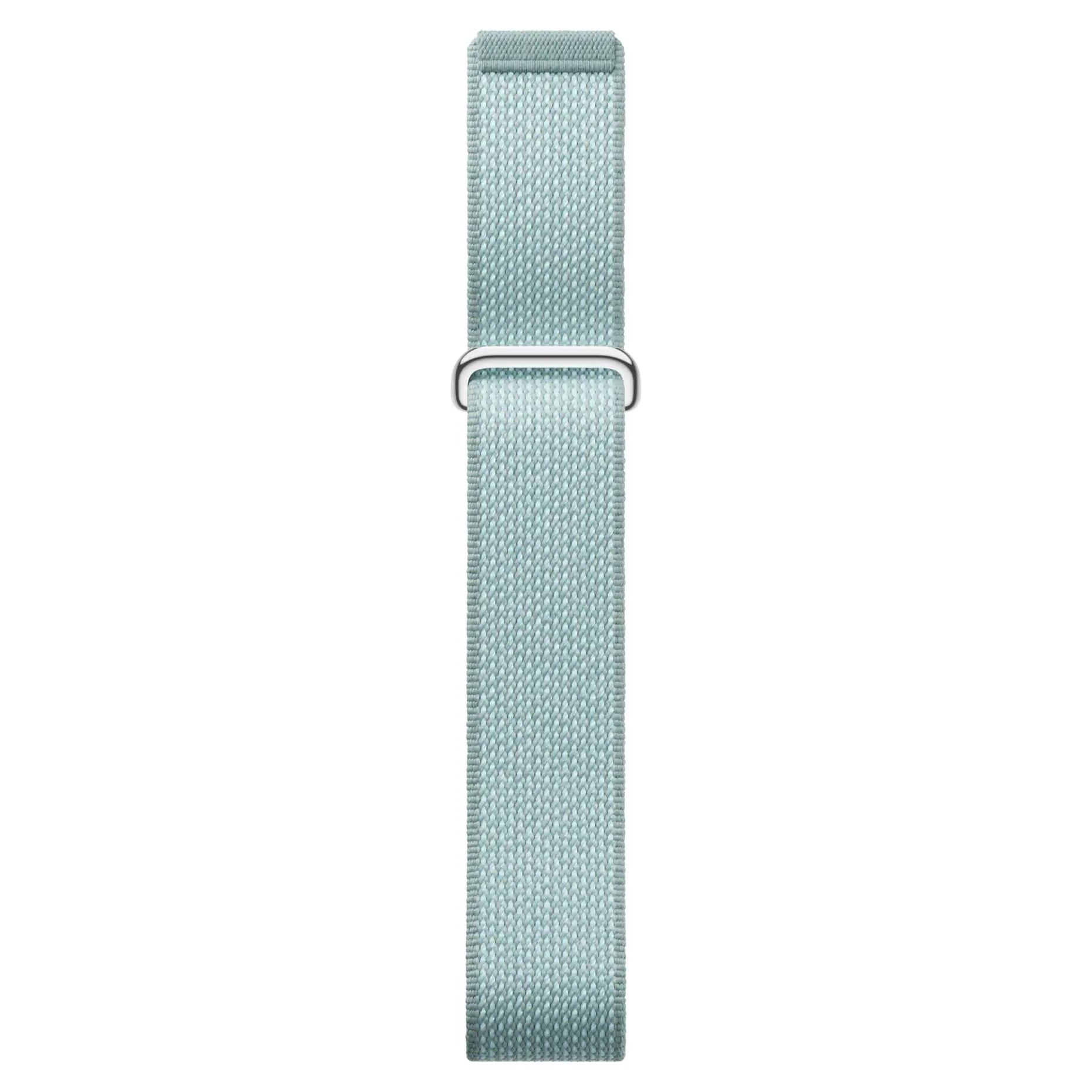 Ein hellblaues gewebtes Smartwatch-Armband mit silberner Schließe auf weißem Hintergrund.