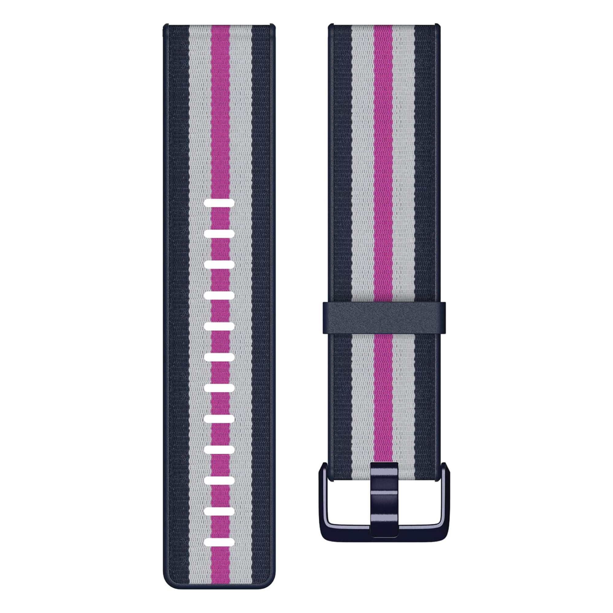 Stoffarmband mit vertikalen Streifen in Dunkelblau, Grau und Magenta, inklusive Schnalle.