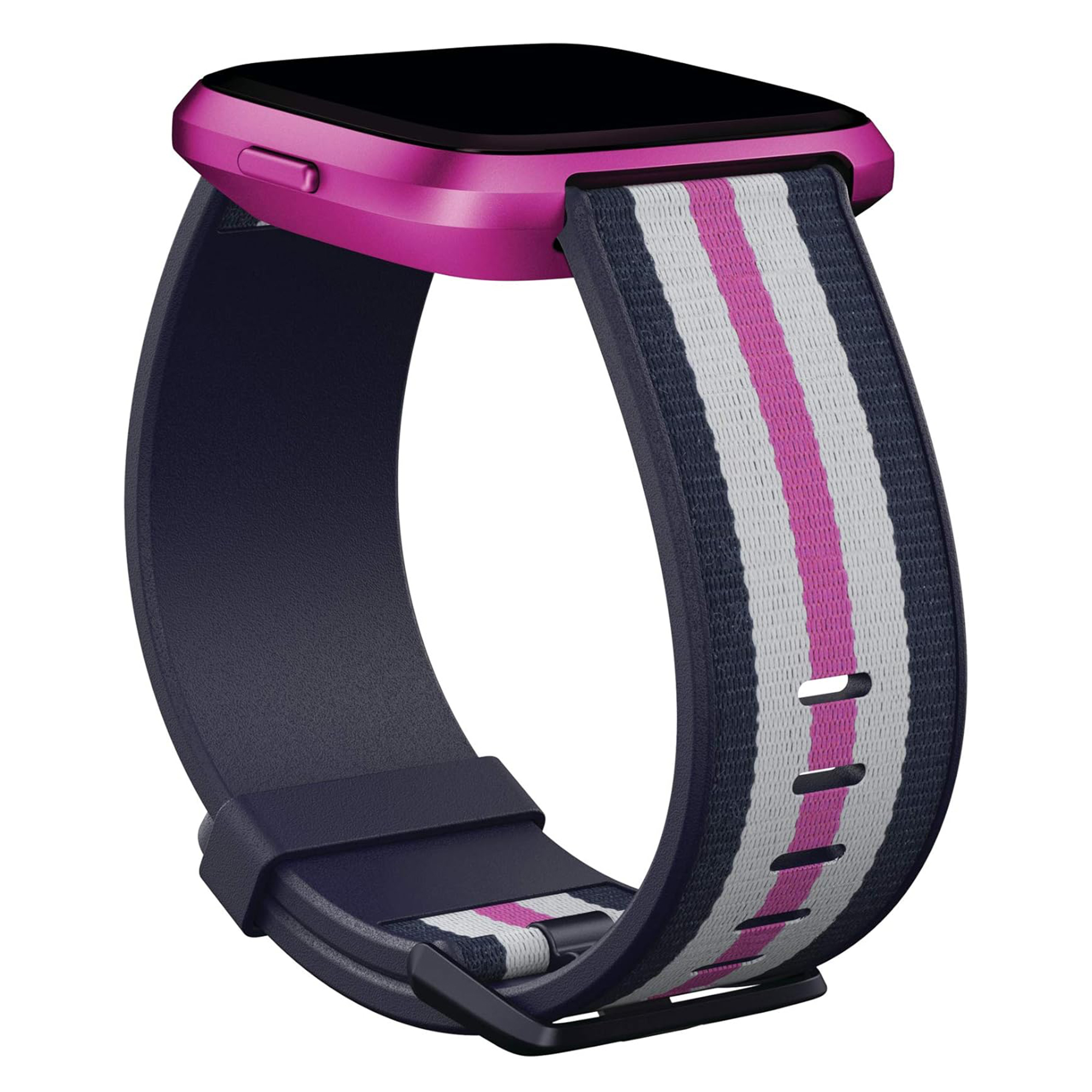 Eine pinke Smartwatch mit einem gestreiften Textilarmband in Marineblau, Weiß und Pink vor weißem Hintergrund.