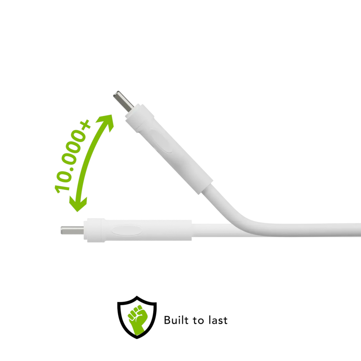 Un cable de carga blanco que muestra flexibilidad con una flecha verde curva que indica 10,000 dobleces.
