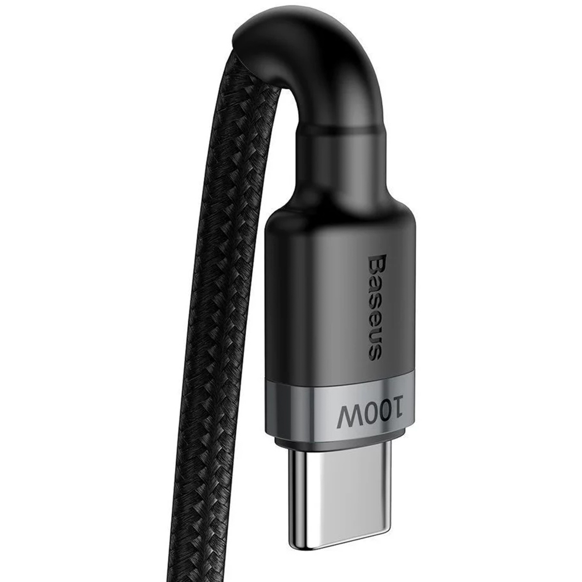 Czarny kabel USB-C Baseus 100W z plecioną teksturą na gładkim tle.