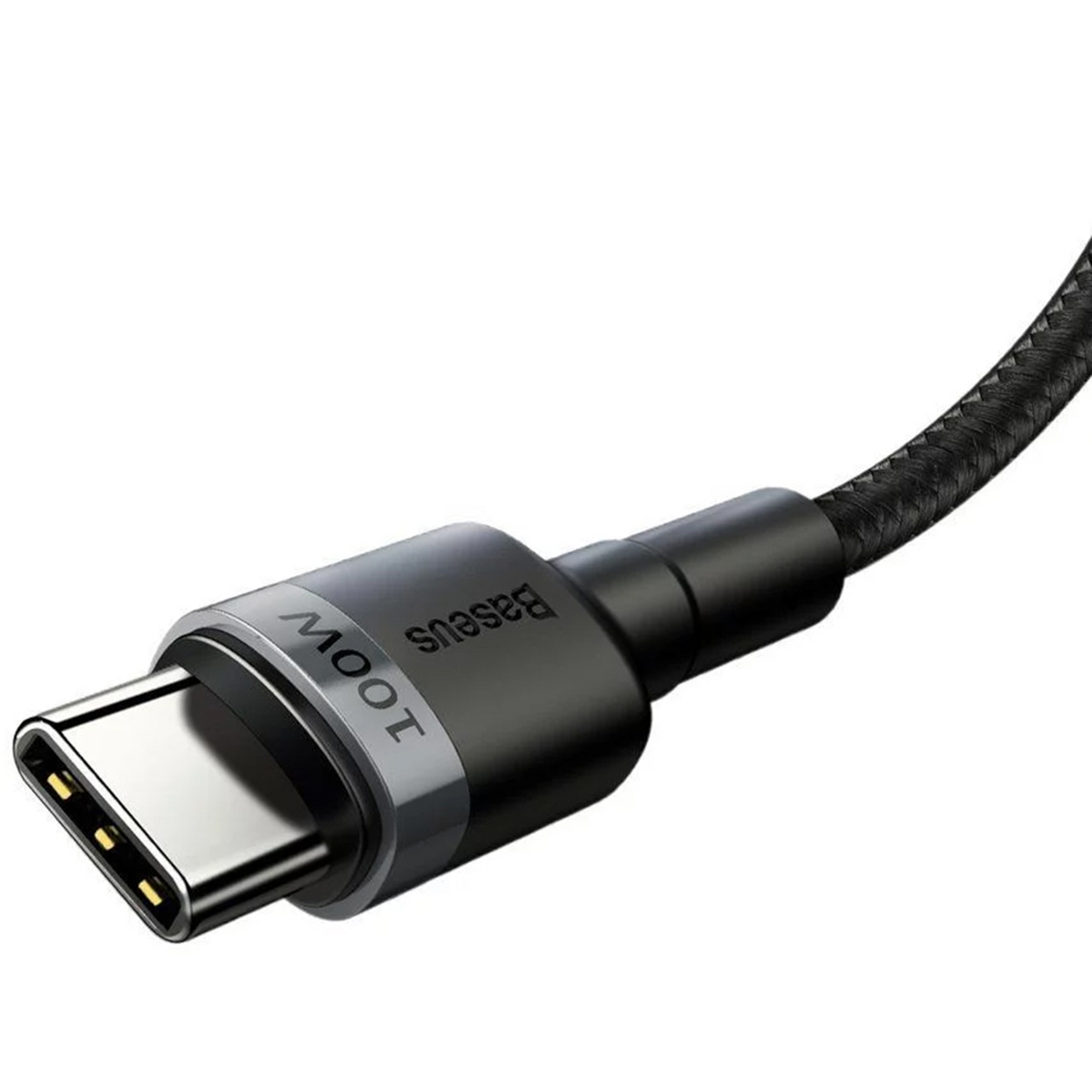 Czarny kabel USB-C Baseus 100W z metalowym złączem na białym tle.