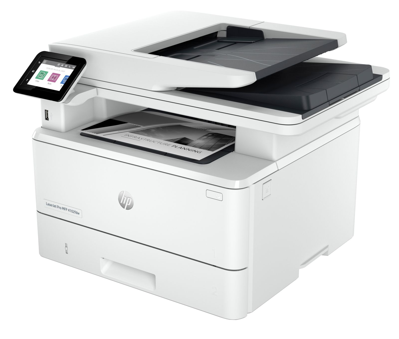 Ein weißer HP LaserJet Pro MFP 4102fdw Drucker mit Touchscreen und Dokumenteneinzug auf weißem Hintergrund.