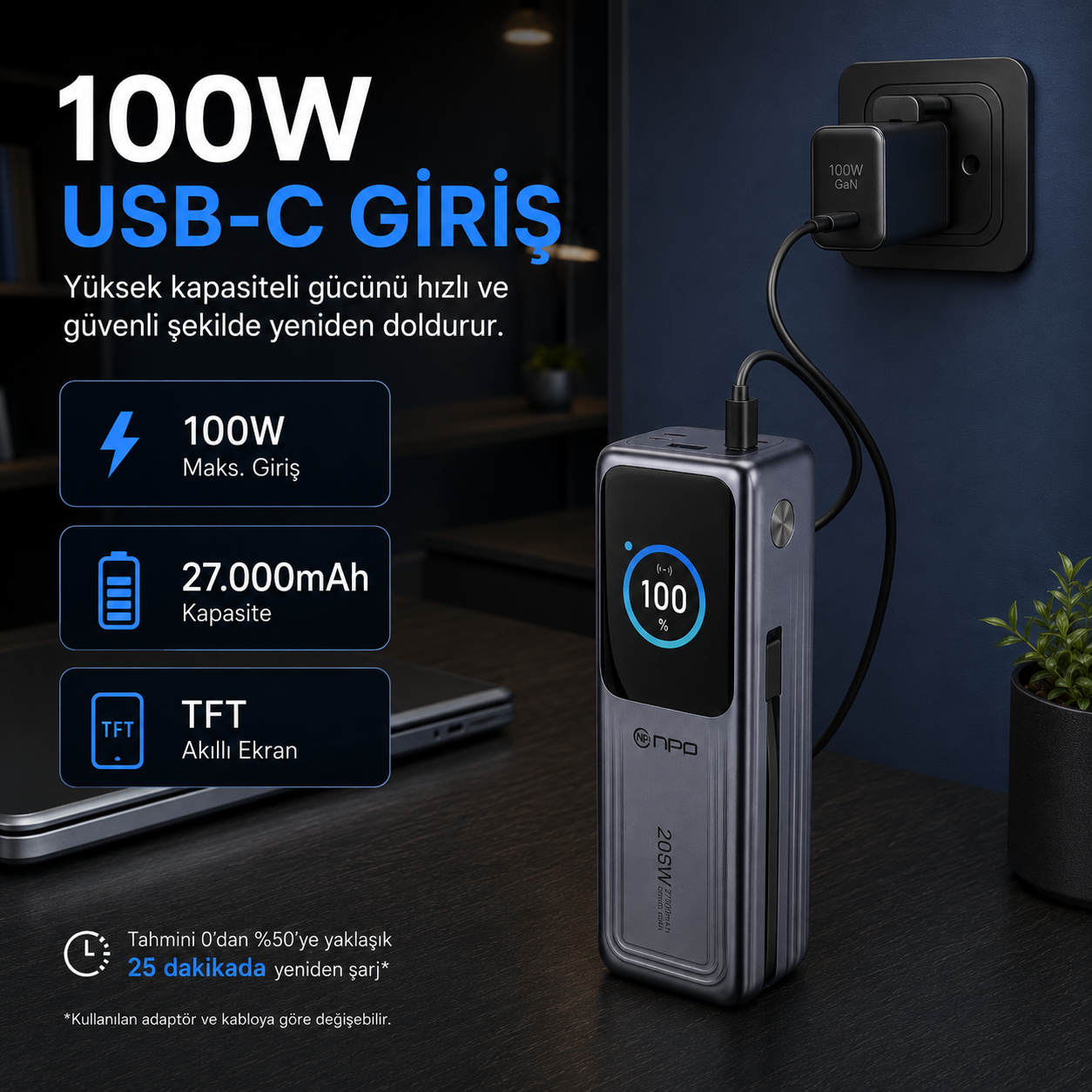 Masada şarj olan bir powerbank, 100W kapasite, ekran ve hızlı şarj özelliklerini belirten metinle.
