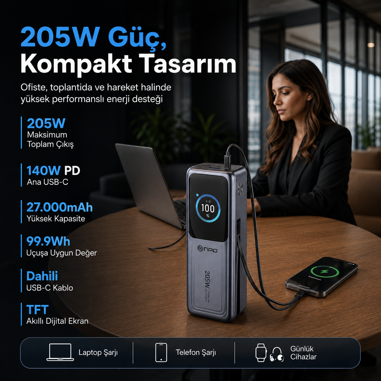 Ahşap masada dijital ekranlı gri bir powerbank, telefon ve dizüstü bilgisayarı şarj ediyor.